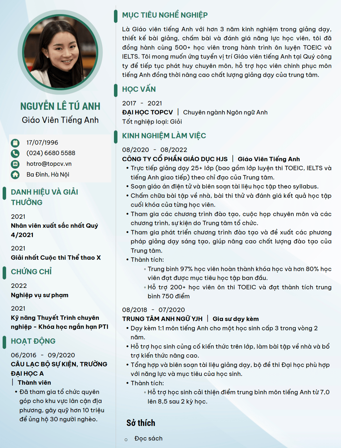 Tham khảo mẫu CV Giáo viên Tiếng Anh trên TopCV