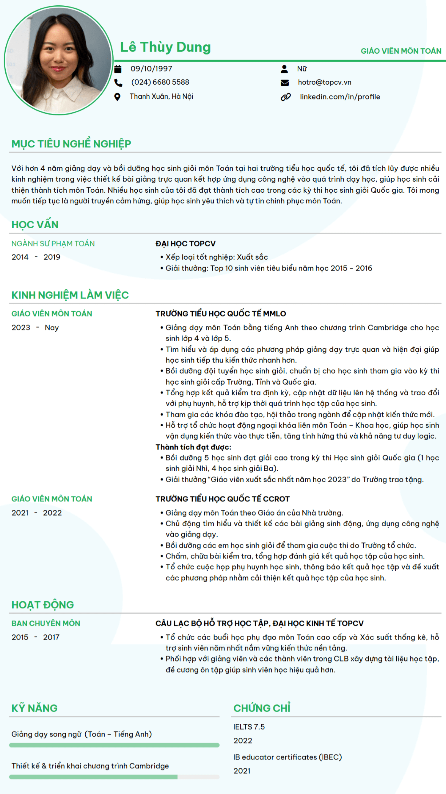 Tham khảo mẫu CV Giáo viên trên TopCV