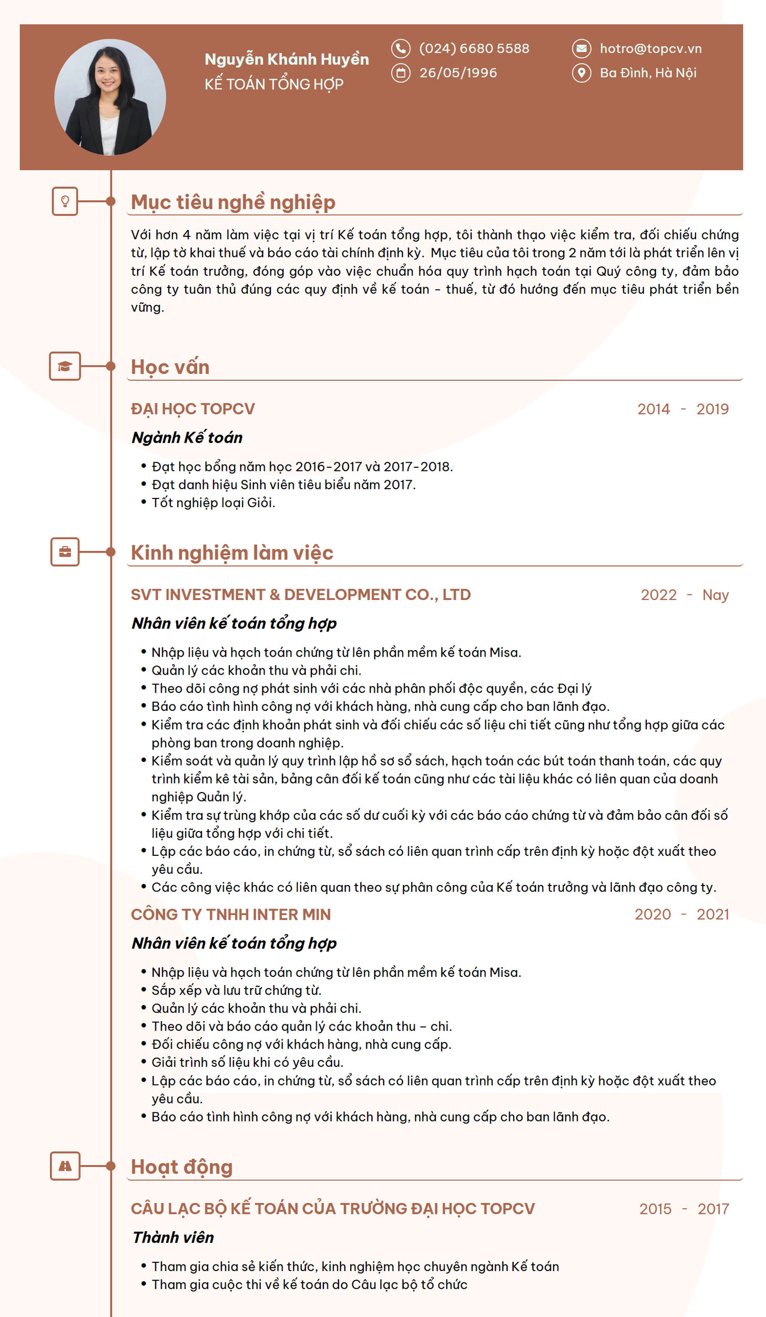 CV Kế toán tổng hợp Tiếng Việt
