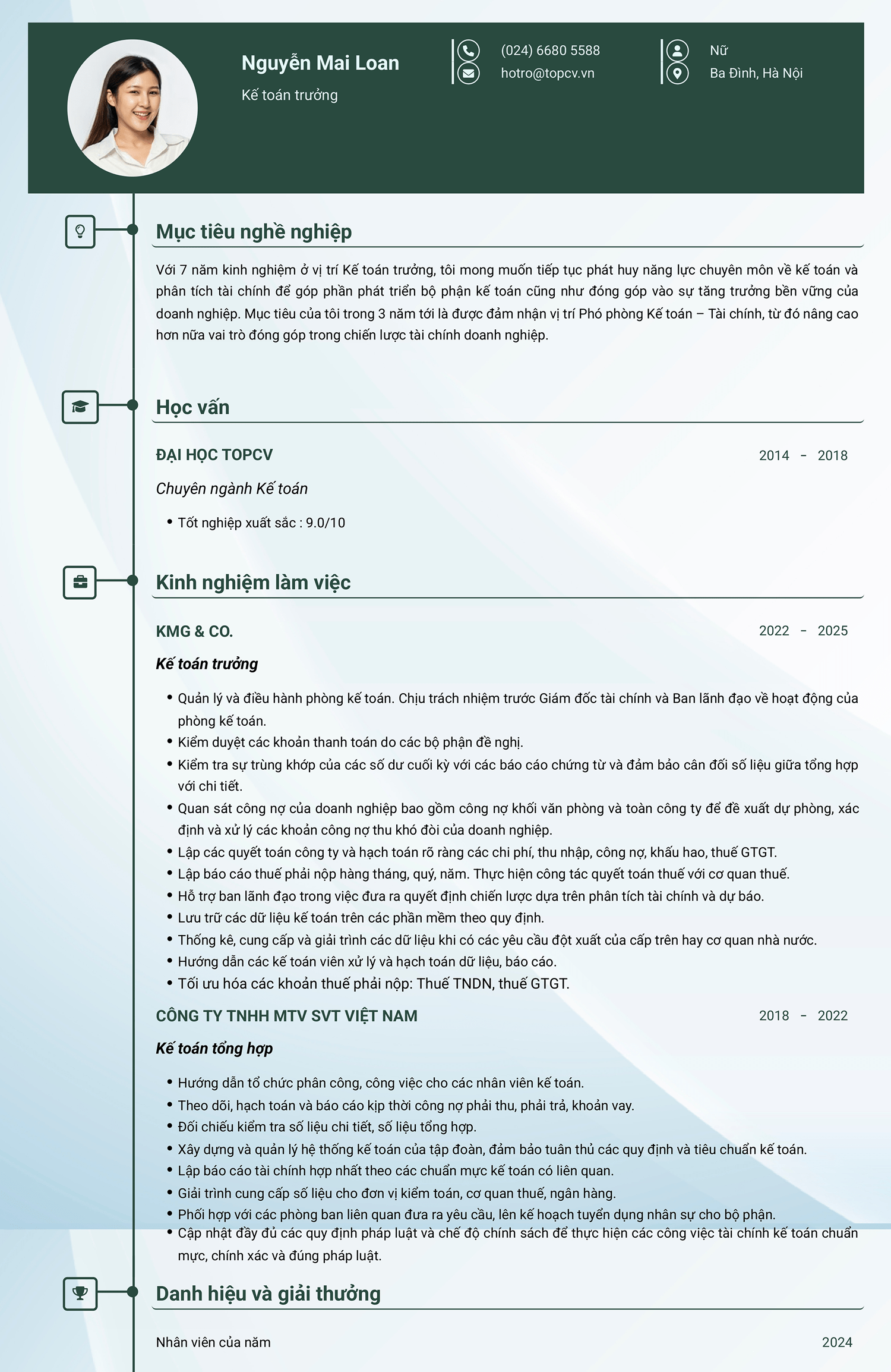Mẫu CV Kế toán trưởng tiếng Việt
