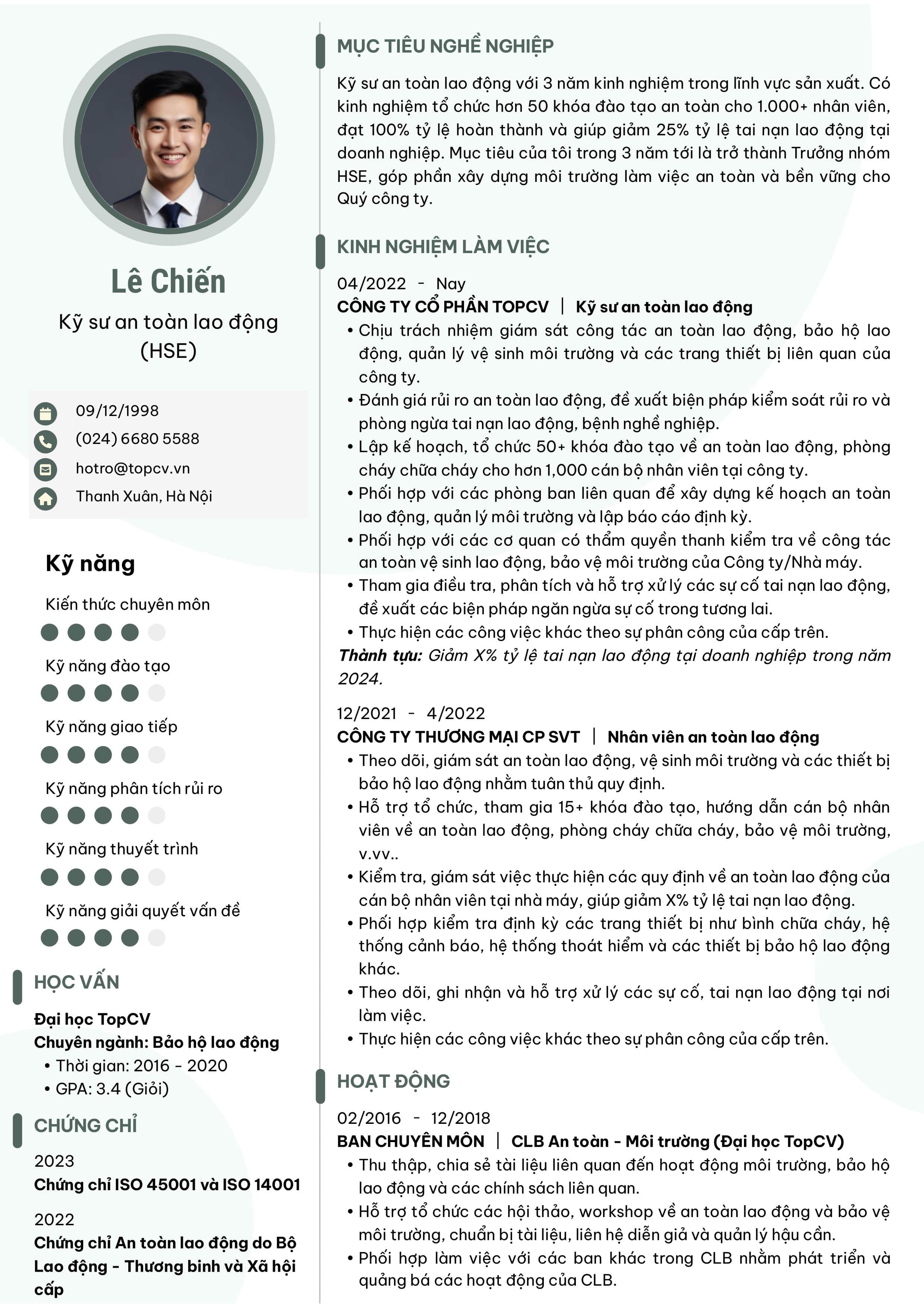 Mẫu CV kỹ sư an toàn lao động HSE
