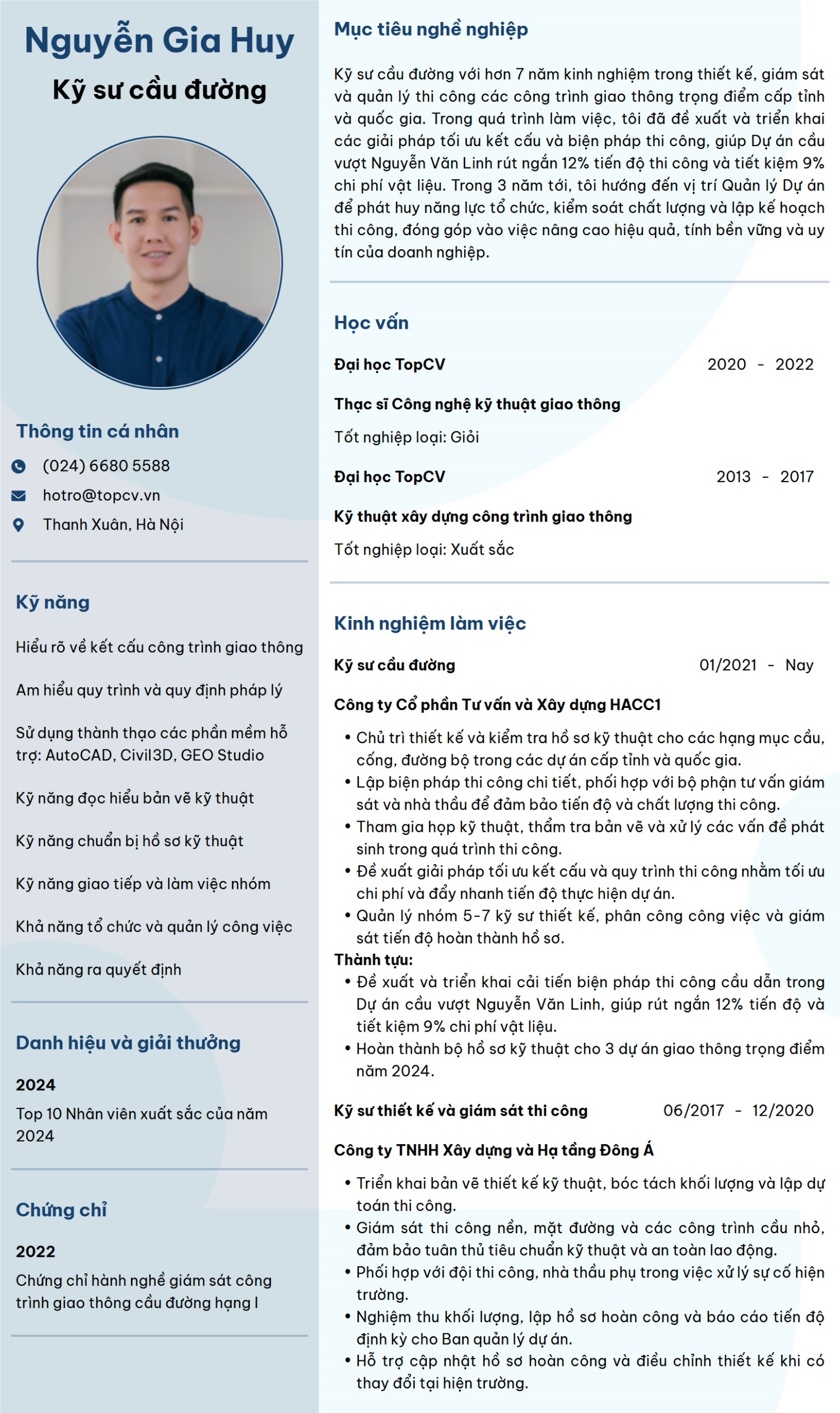 Mẫu CV Kỹ sư cầu đường ấn tượng