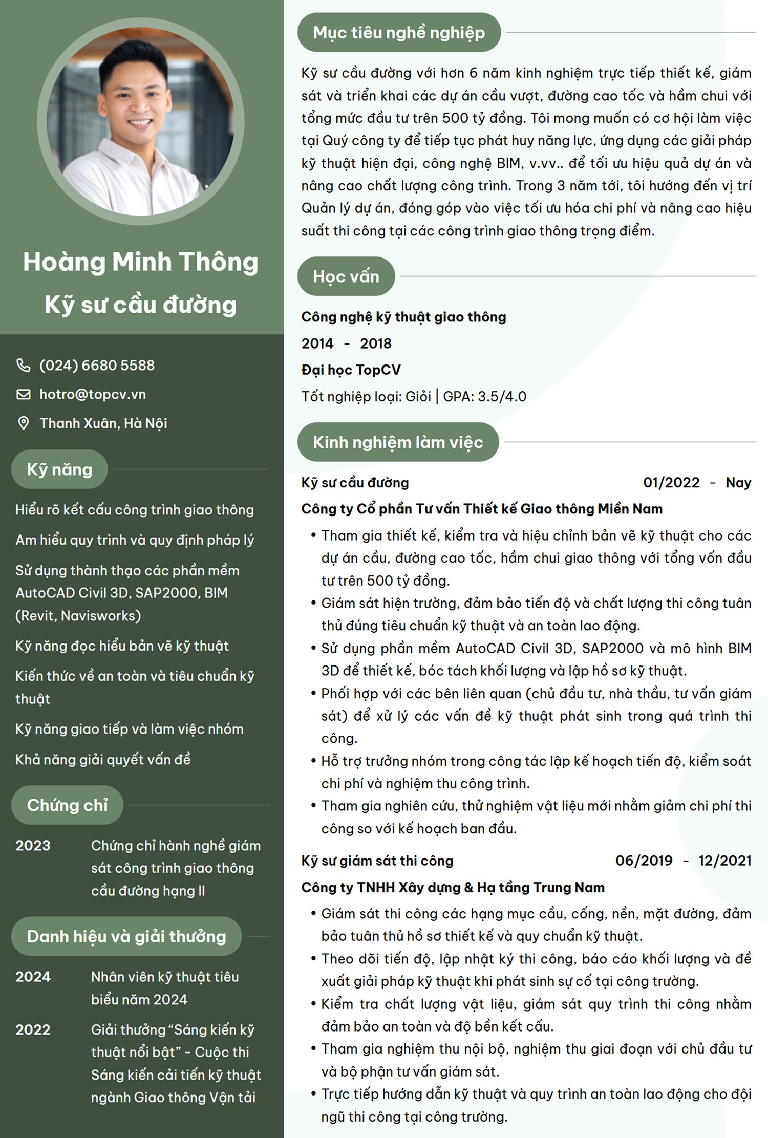 Mẫu CV Kỹ sư cầu đường chuyên nghiệp