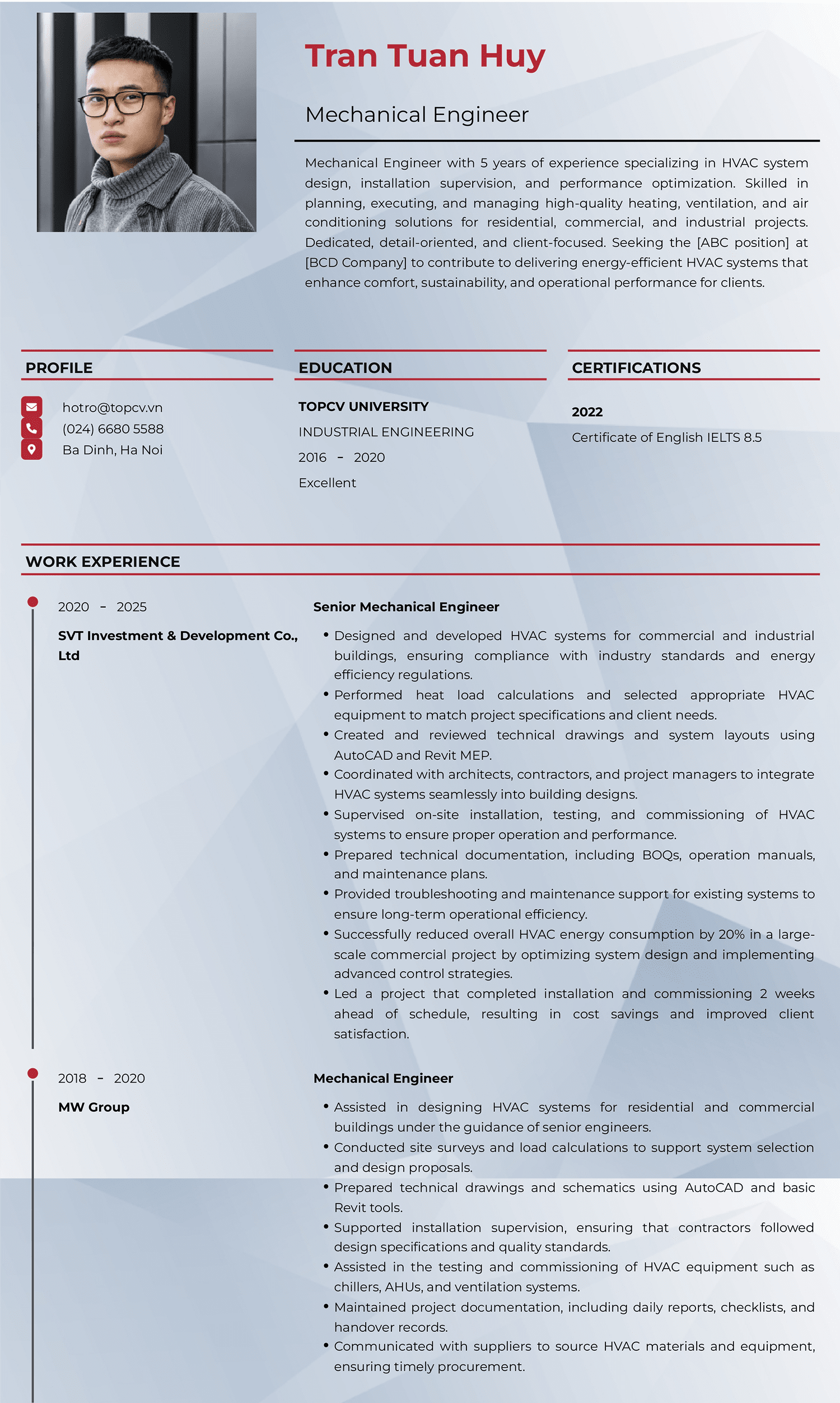 Mẫu CV Kỹ sư cơ khí chế tạo máy tiếng Anh