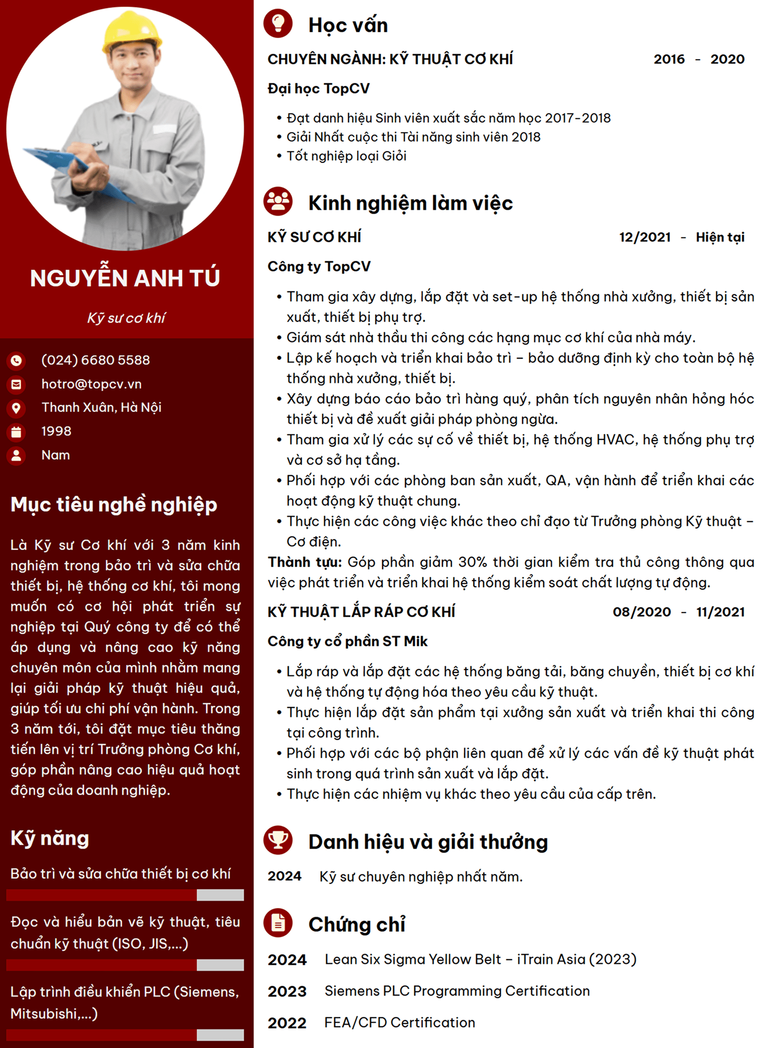 Mẫu CV Kỹ sư cơ khí