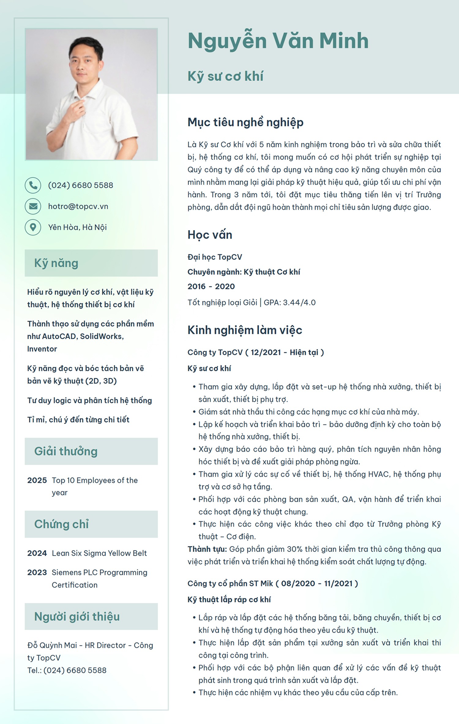 Mẫu CV Kỹ sư cơ khí nổi bật tại TopCV