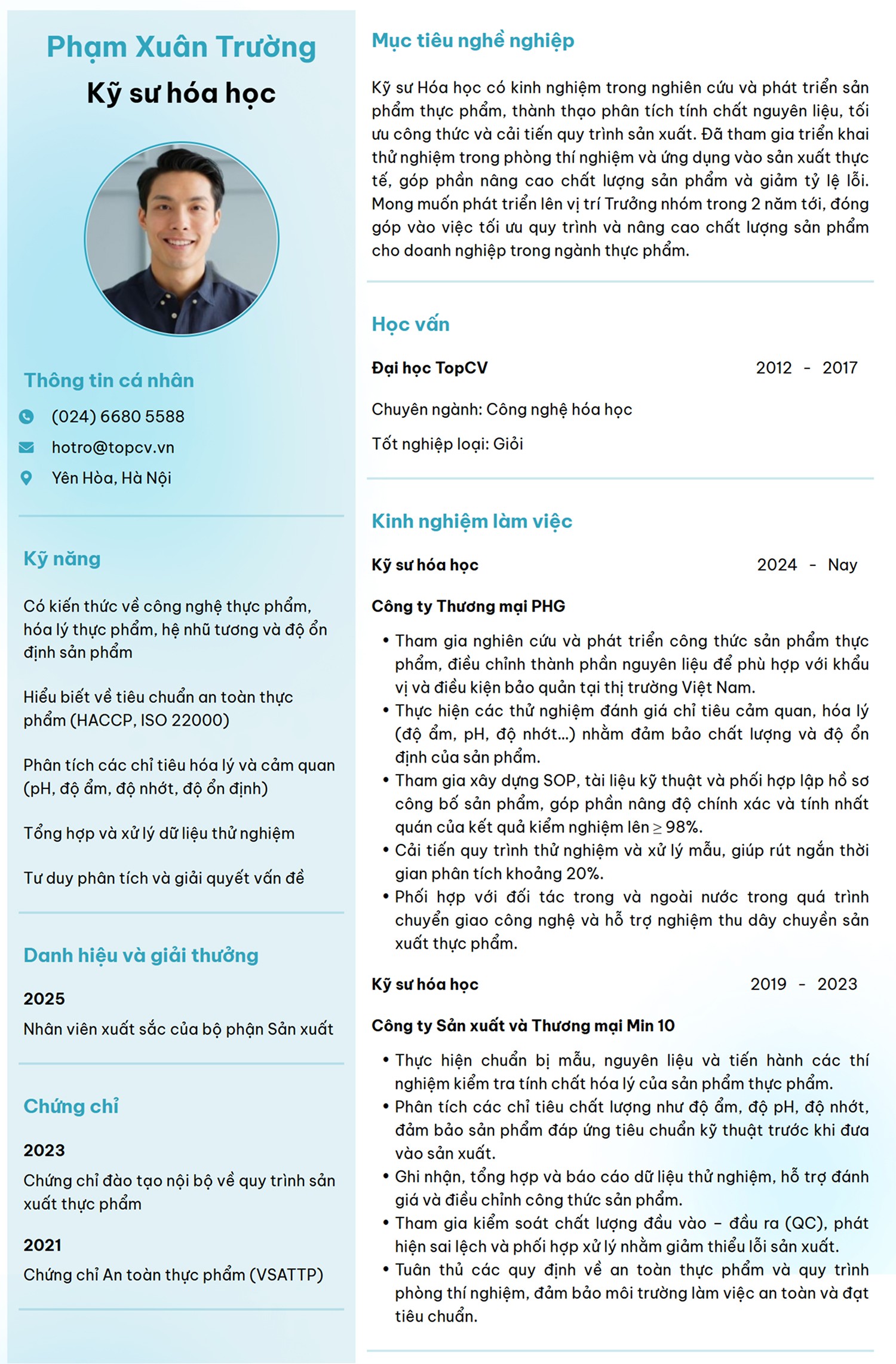 Mẫu CV Kỹ sư hóa học trên TopCV