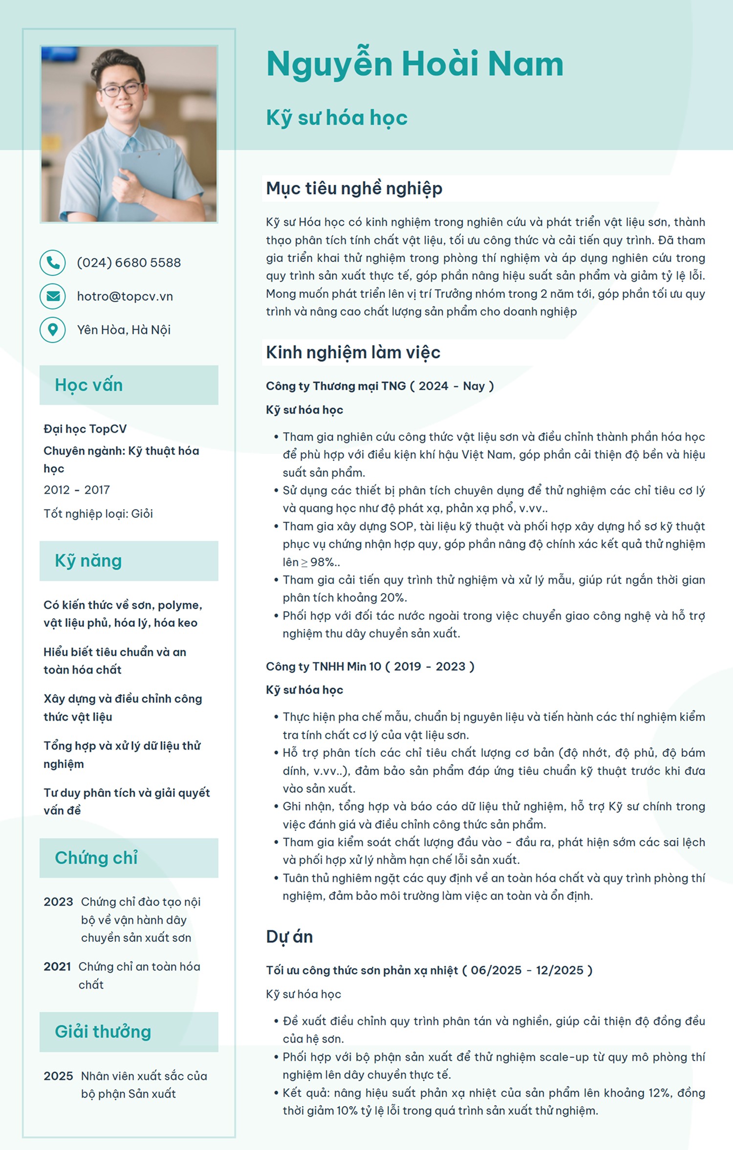 mẫu CV Kỹ sư hóa học trên TopCV