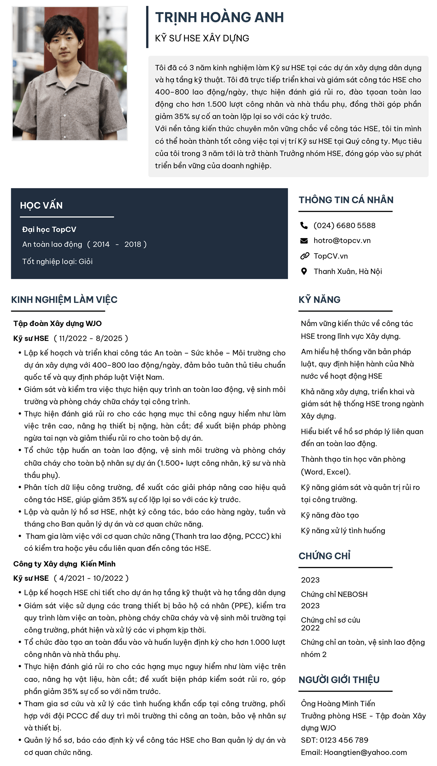 Mẫu CV kỹ sư HSE Xây dựng ấn tượng