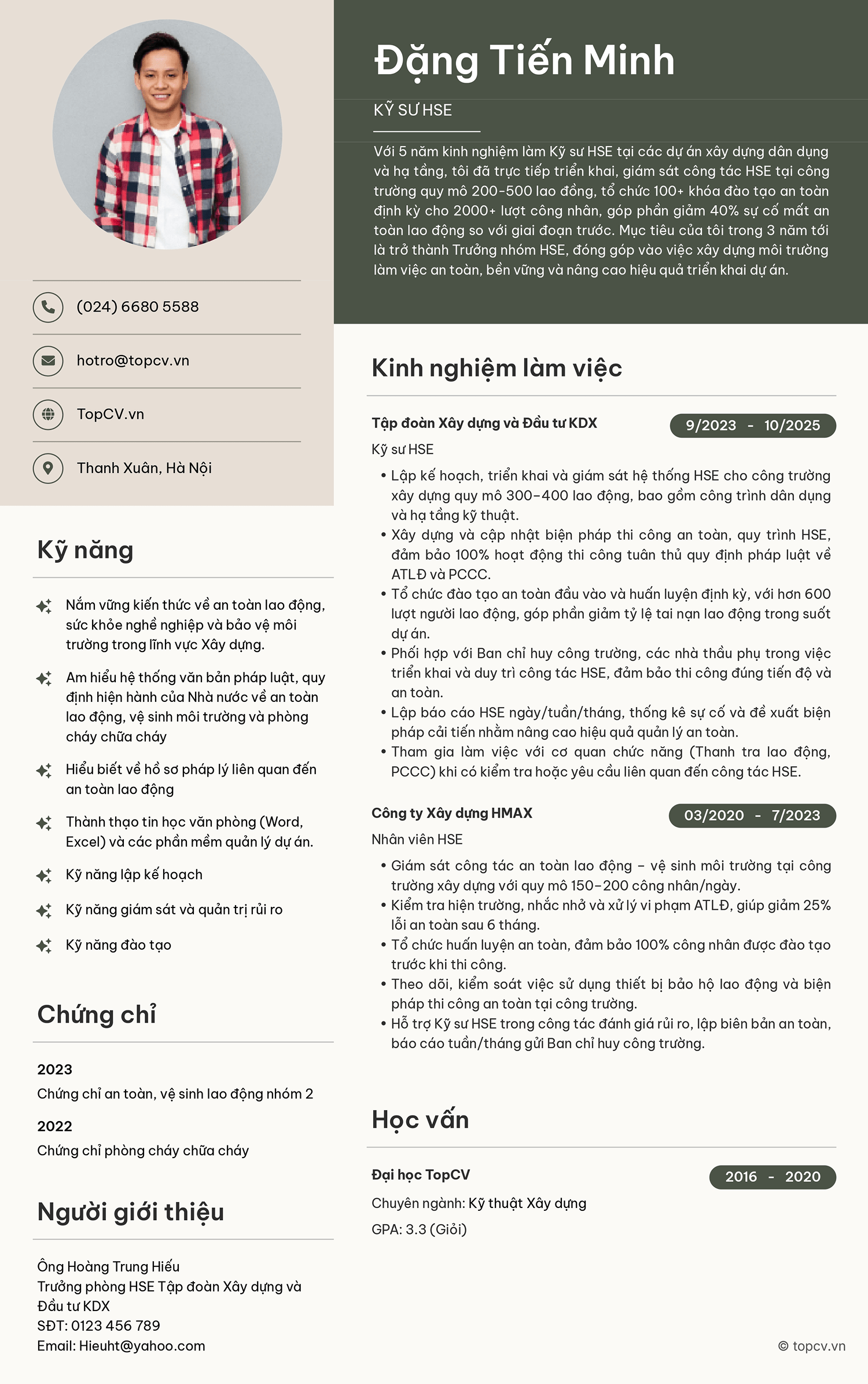 Mẫu CV Kỹ sư HSE trong ngành Xây dựng