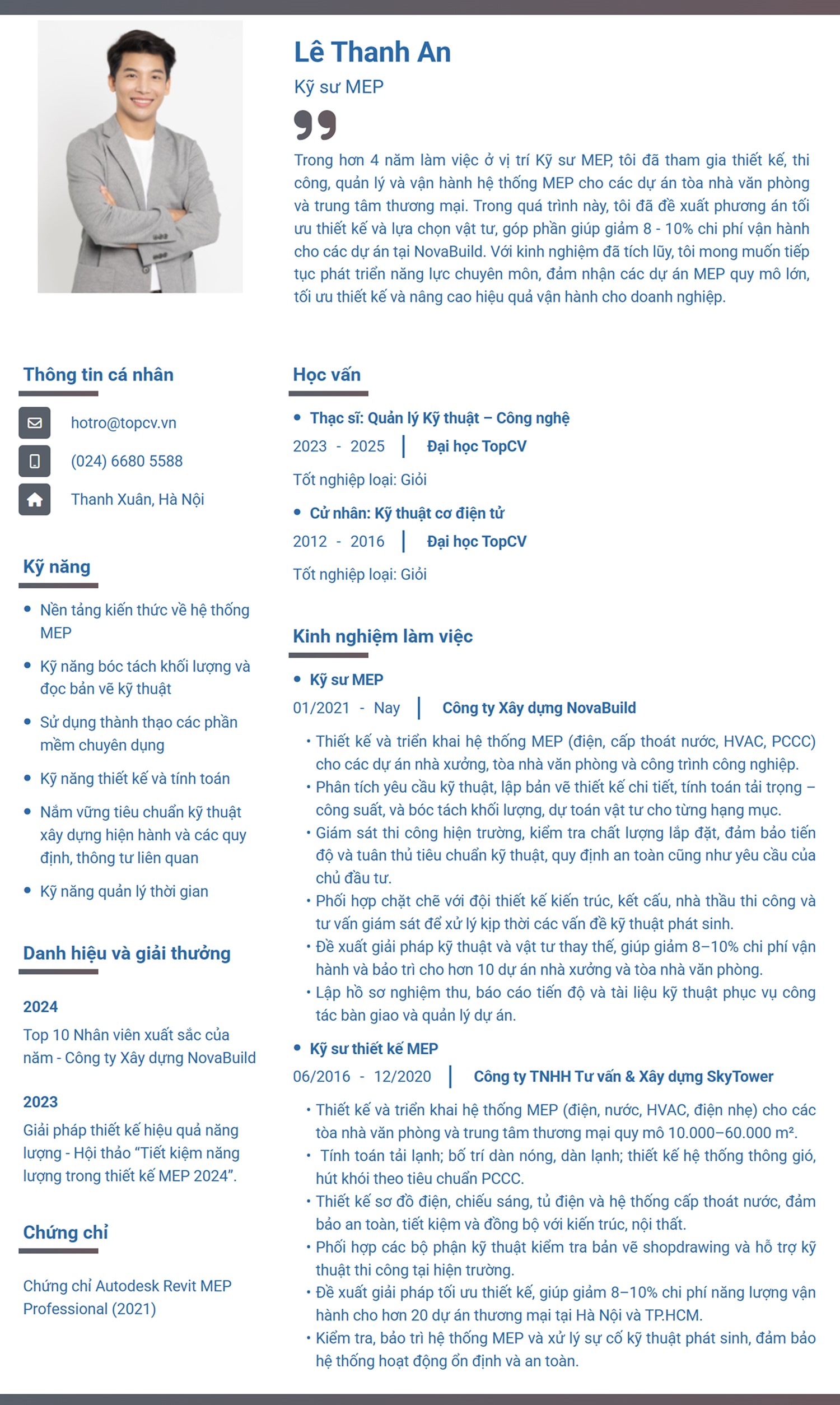 Mẫu CV Kỹ sư MEP chuyên nghiệp trên TopCV