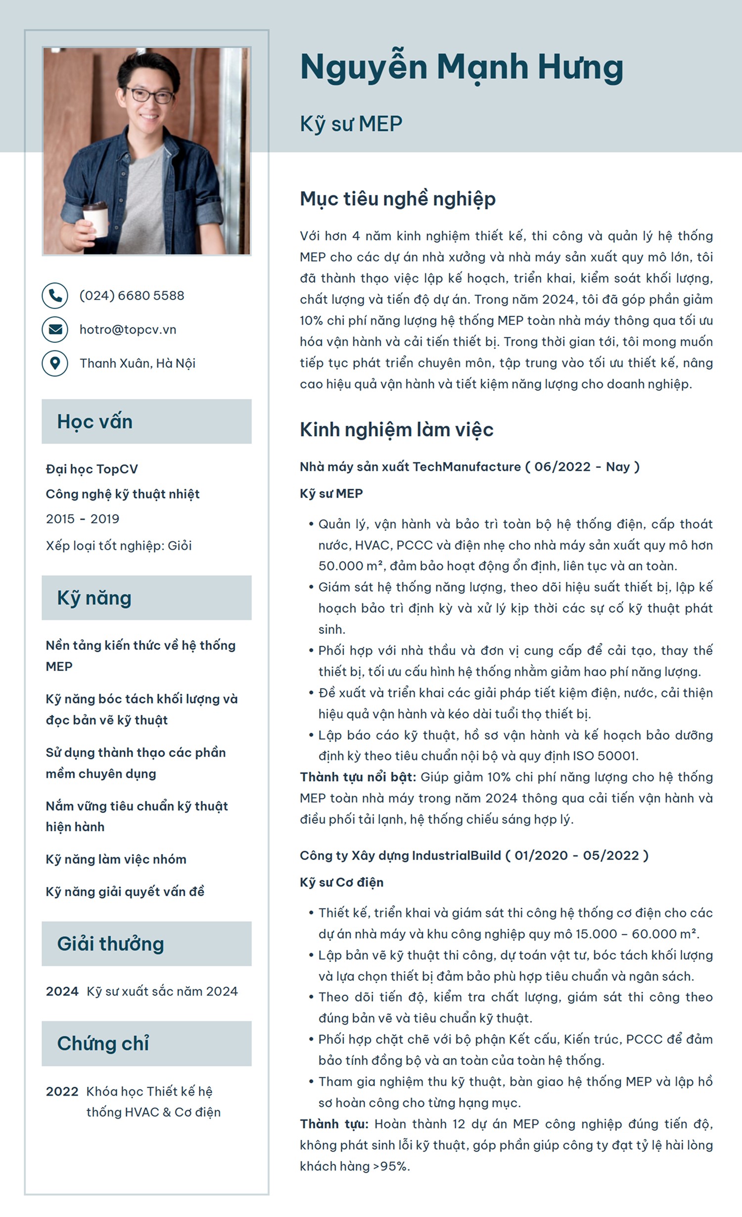 Mẫu CV Kỹ sư MEP hiện đại trên TopCV