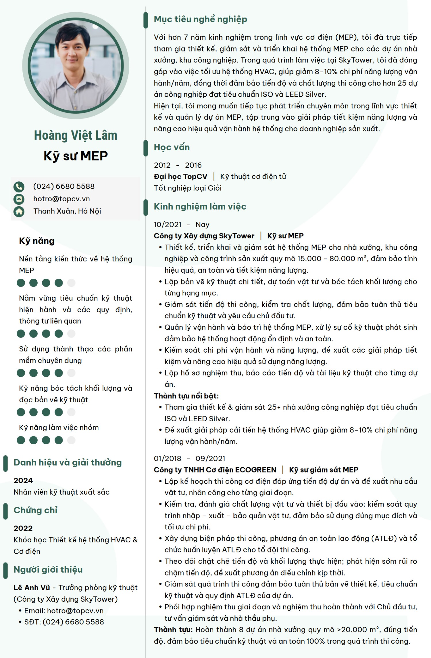 Mẫu CV Kỹ sư MEP ấn tượng trên TopCV