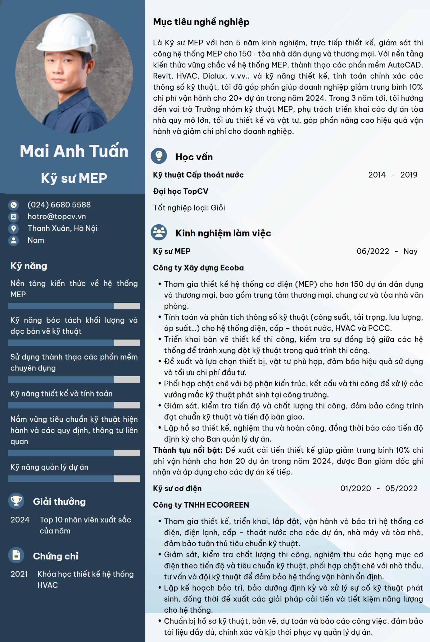 Mẫu CV Kỹ sư MEP đơn giản trên TopCV