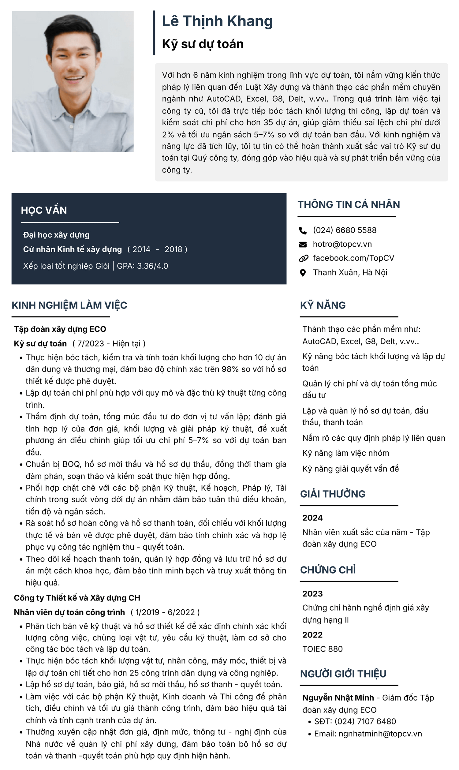 Mẫu CV Kỹ sư QS đơn giản trên TopCV