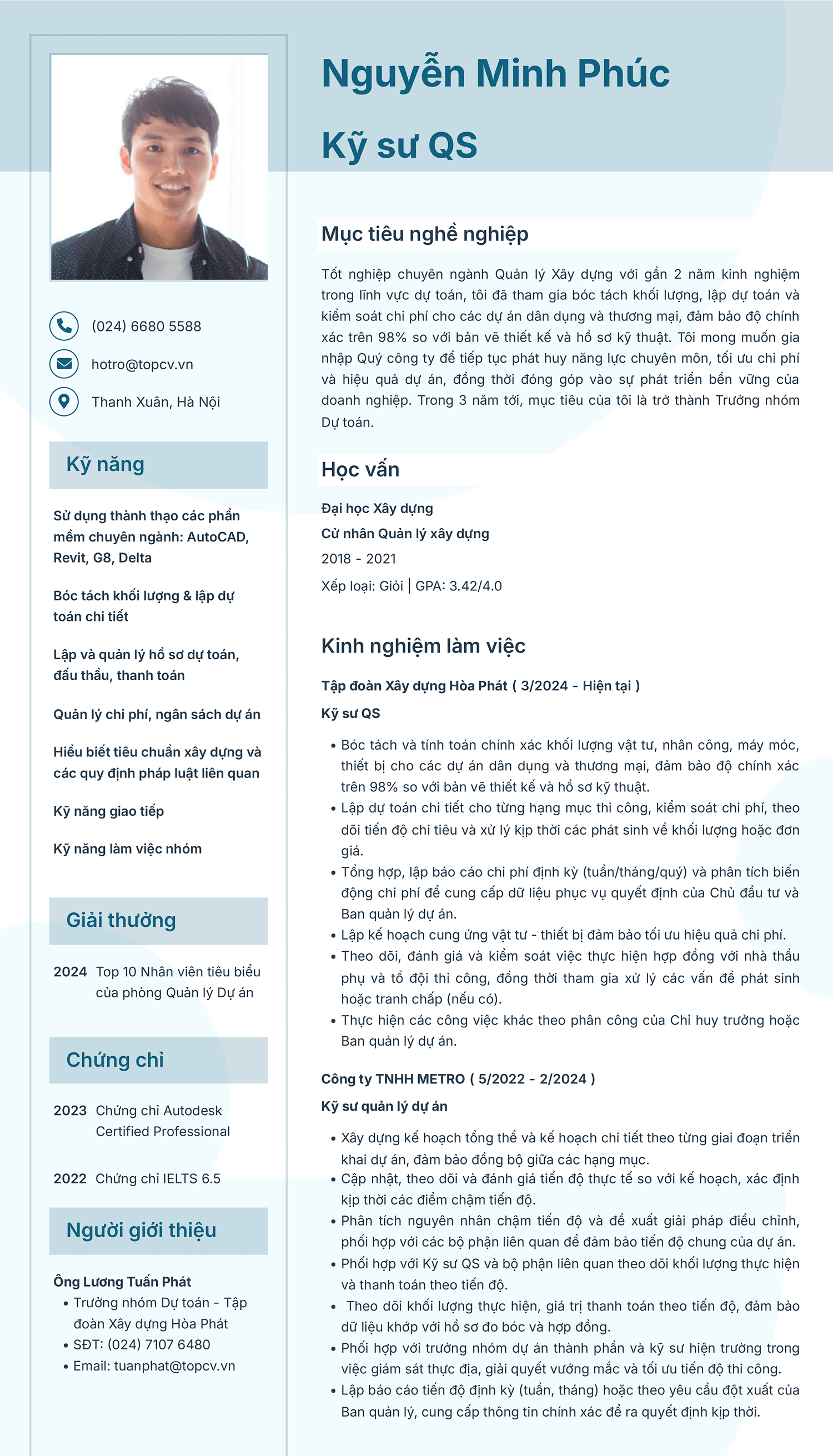 Mẫu CV Kỹ sư QS hiện đại trên TopCV