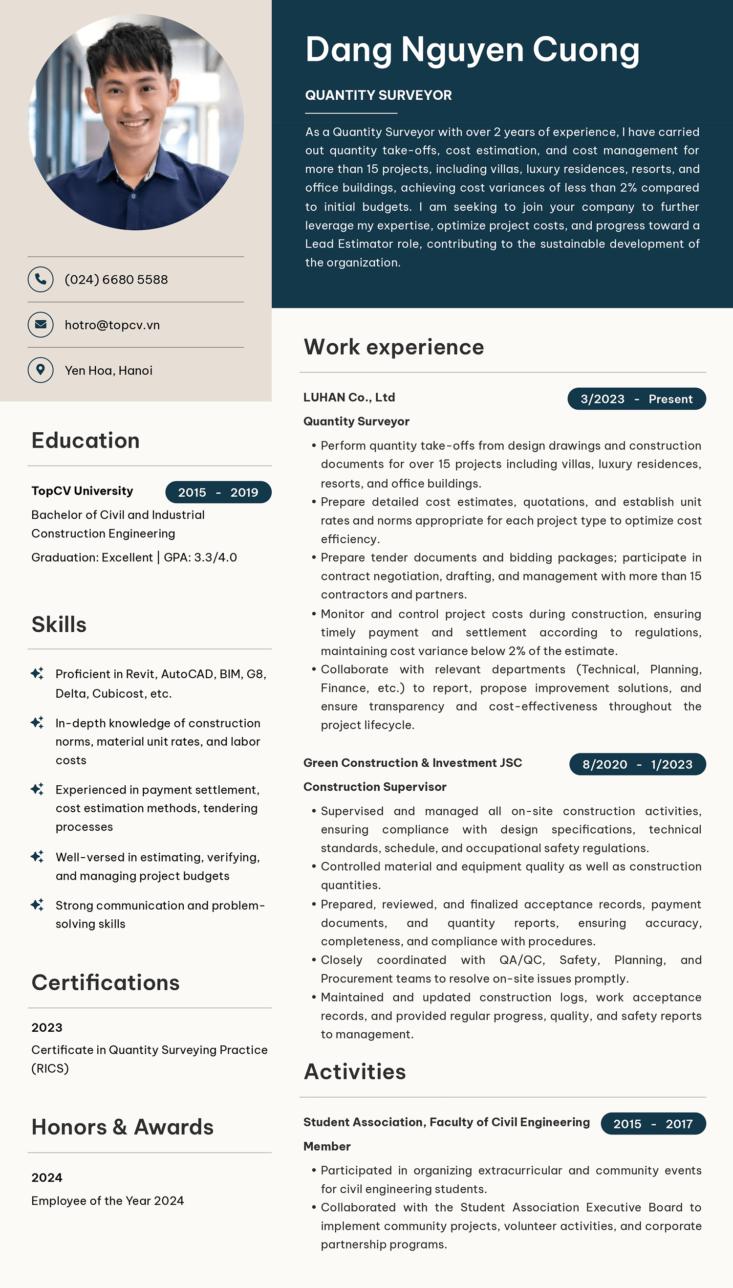 Mẫu CV Kỹ sư QS bằng tiếng Anh trên TopCV