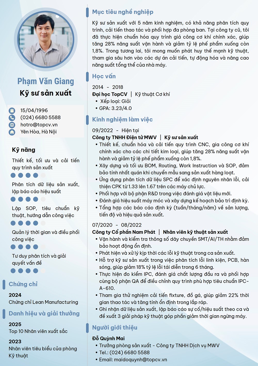 Mẫu CV Kỹ sư sản xuất chuyên nghiệp