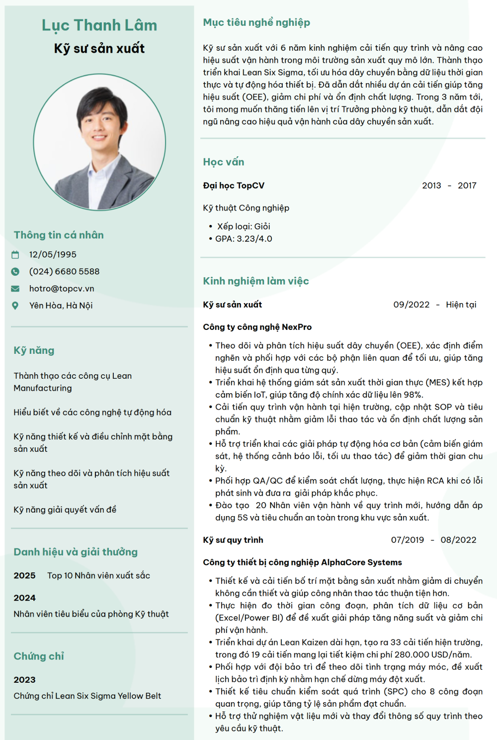 Mẫu CV Kỹ sư sản xuất ấn tượng