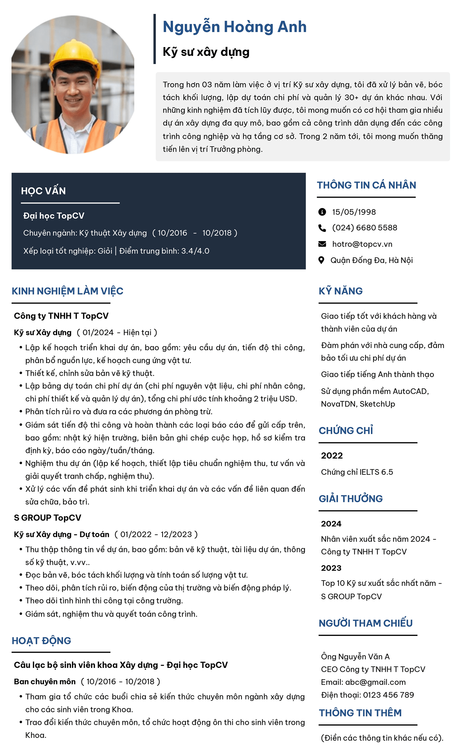 Mẫu CV Kỹ sư xây dựng tiếng Việt