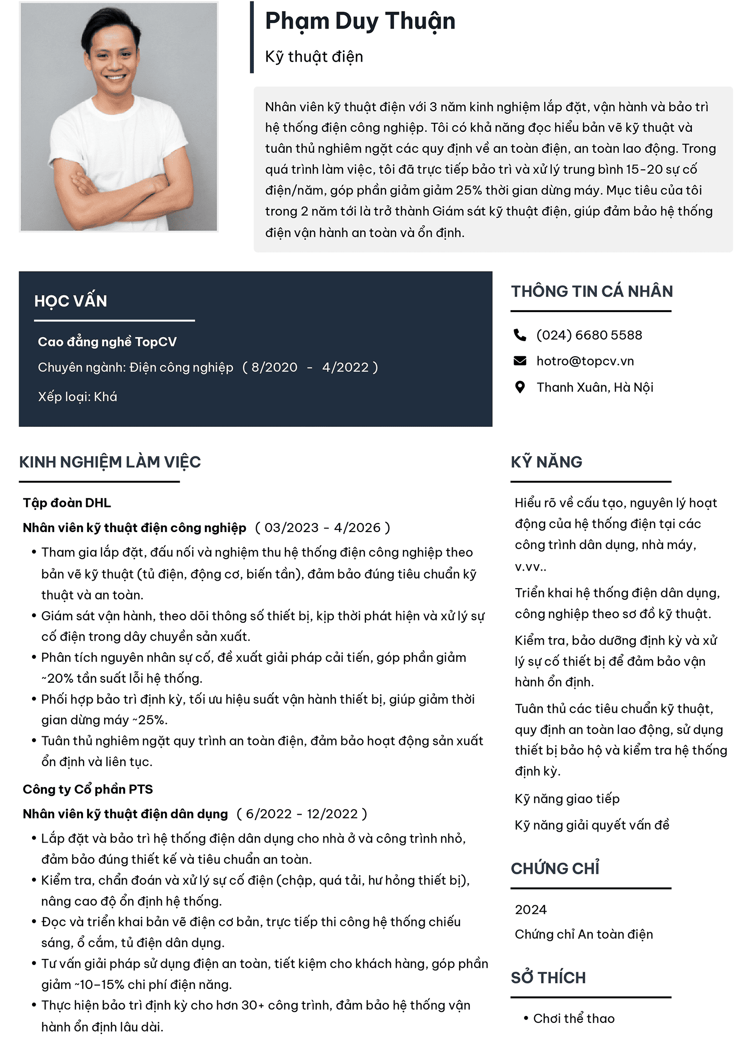 Mãu CV Kỹ thuật điện chuẩn