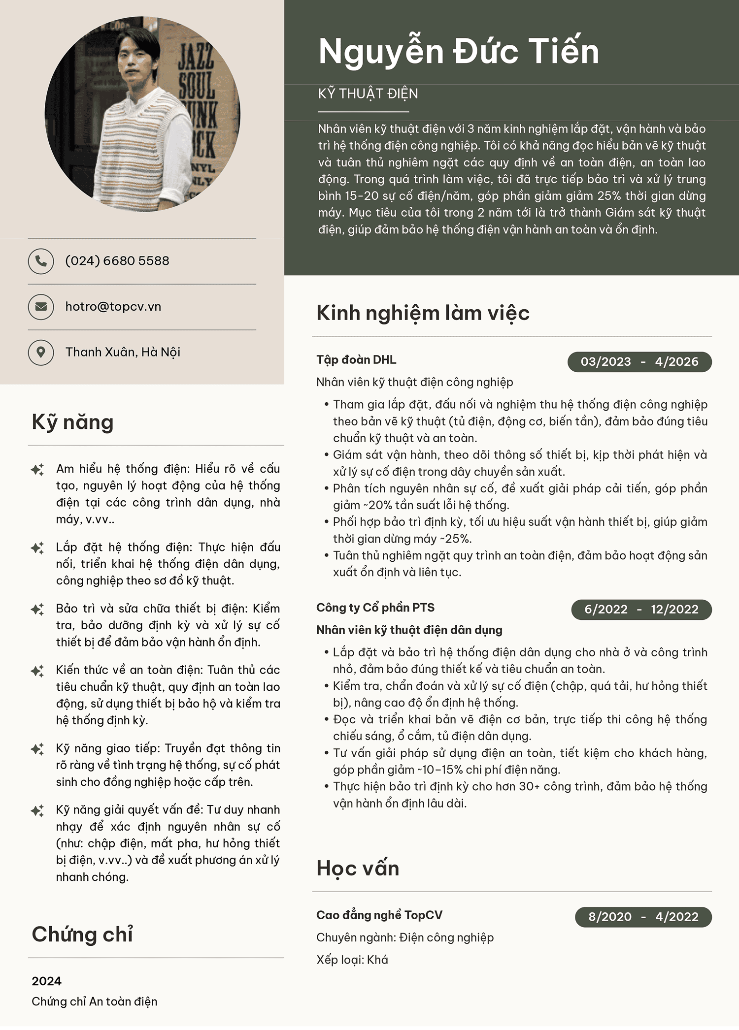 Mẫu CV xin việc Kỹ thuật điện ấn tượng