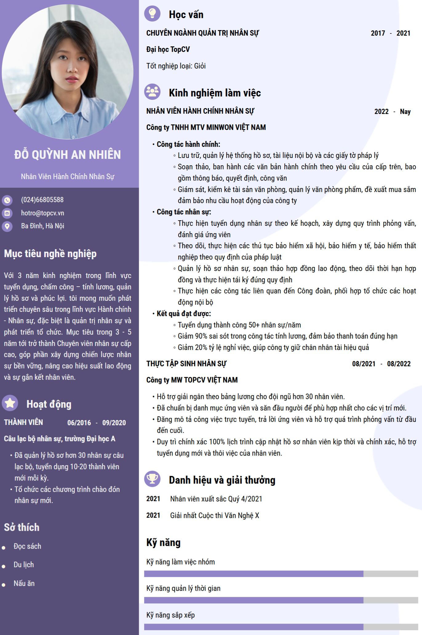 CV Nhân viên Hành chính nhân sự