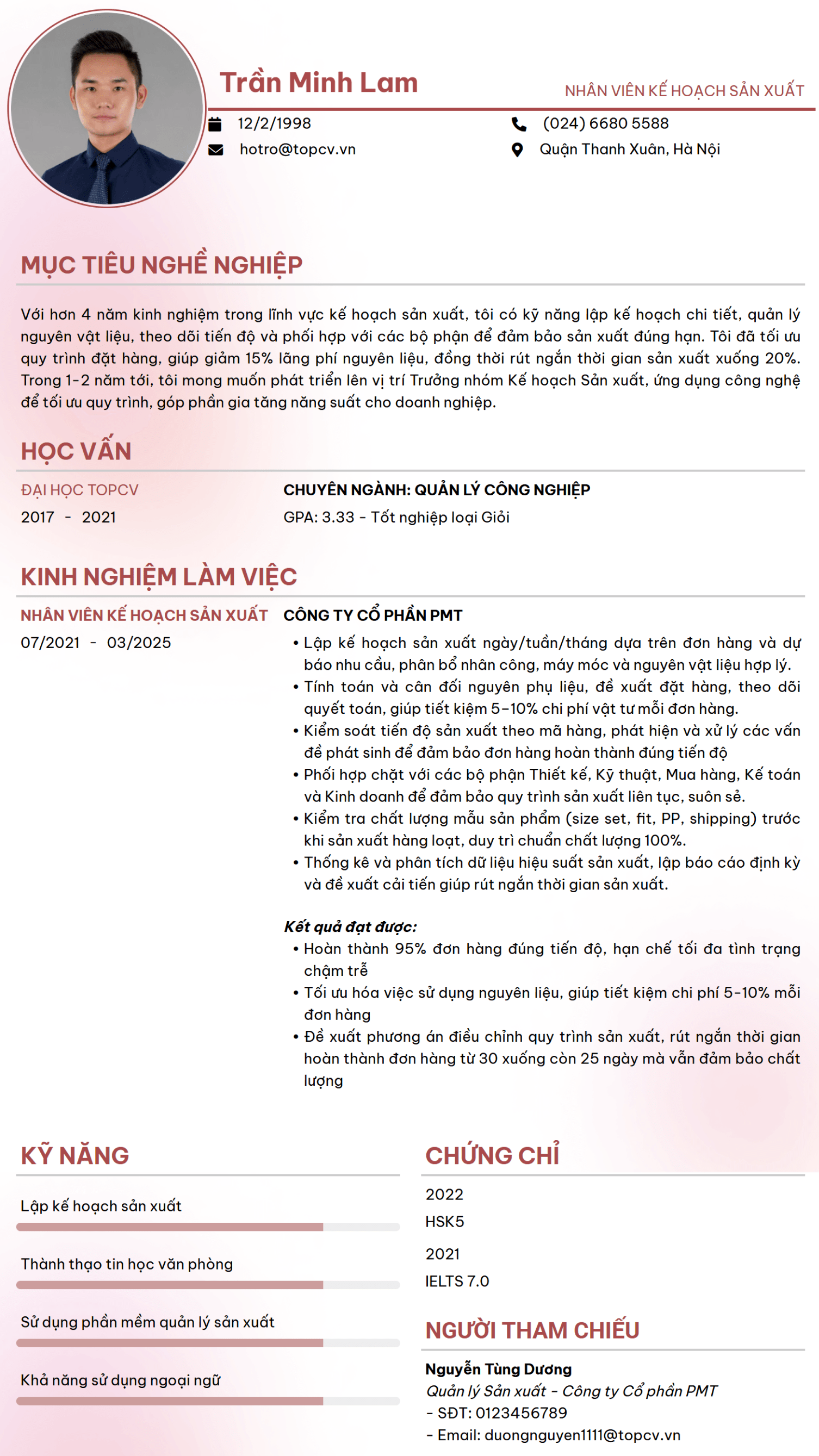 Mẫu CV Nhân viên kế hoạch sản xuất