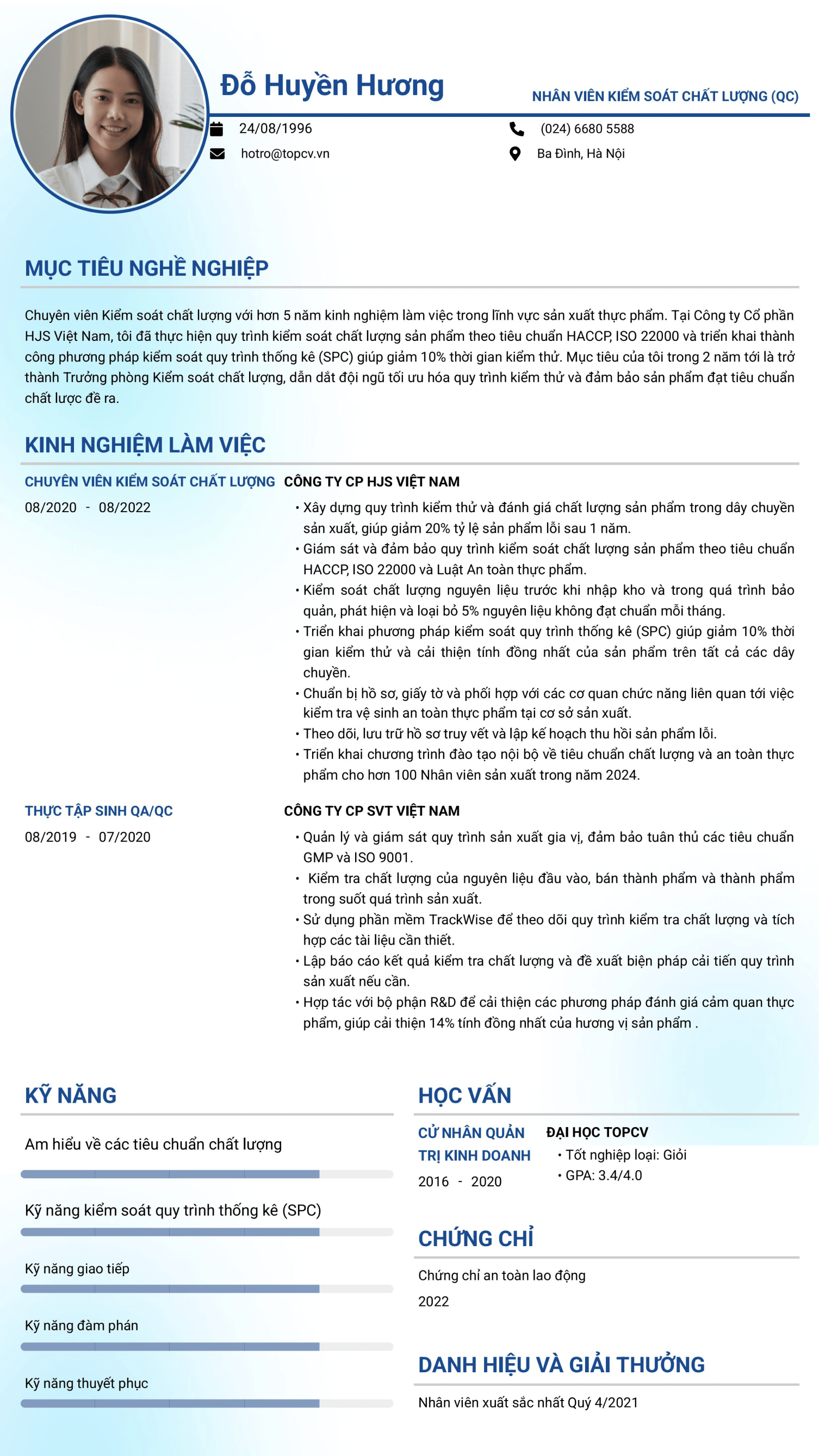 CV Nhân viên kiểm soát chất lượng
