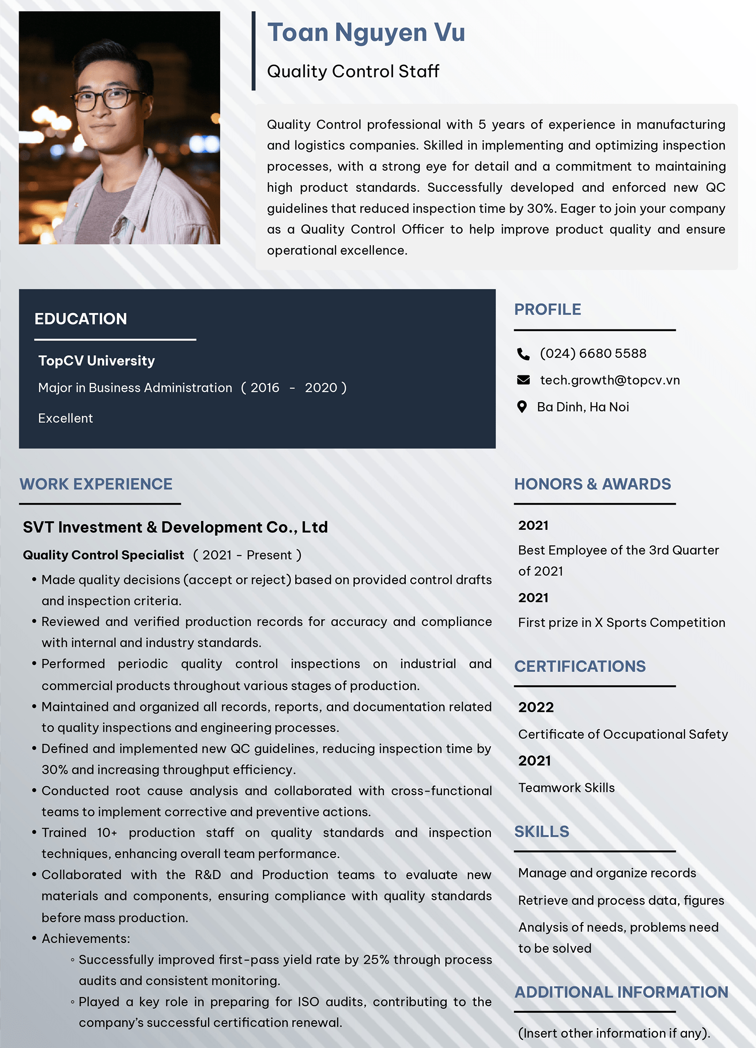 Mẫu CV Nhân viên kiểm soát chất lượng tiếng Anh