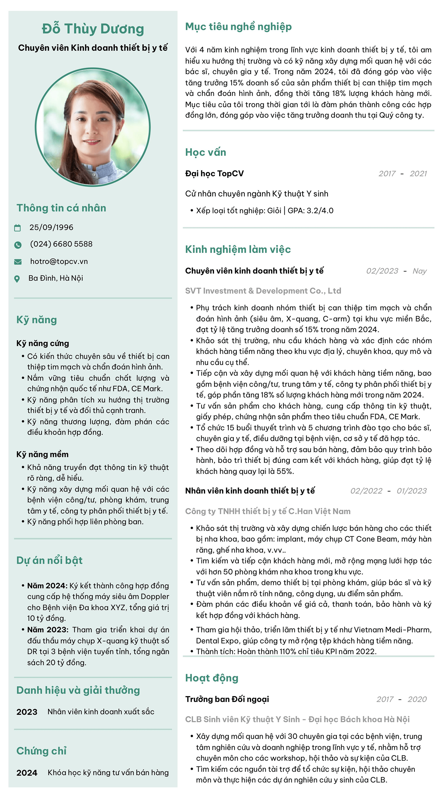 Mẫu CV Nhân viên kinh doanh thiết bị y tế