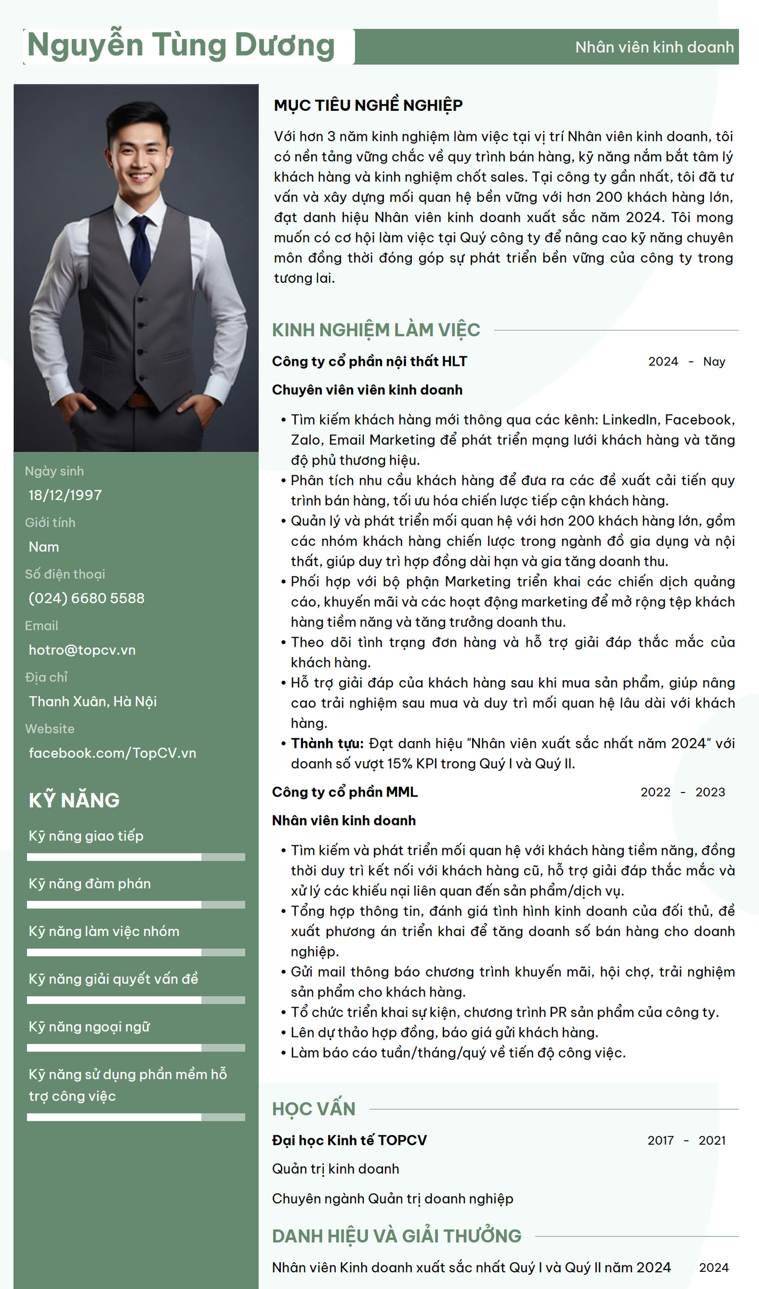 Mẫu CV Nhân viên kinh doanh tiếng Việt