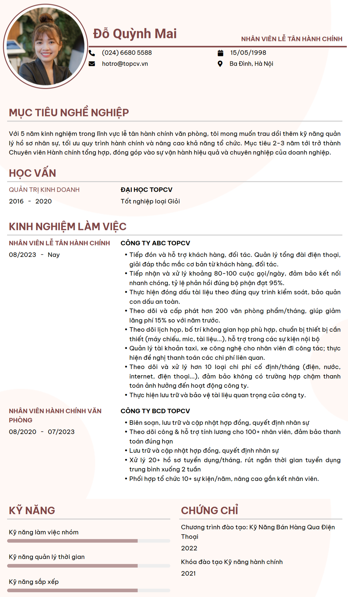 CV Nhân viên Lễ tân Hành chính