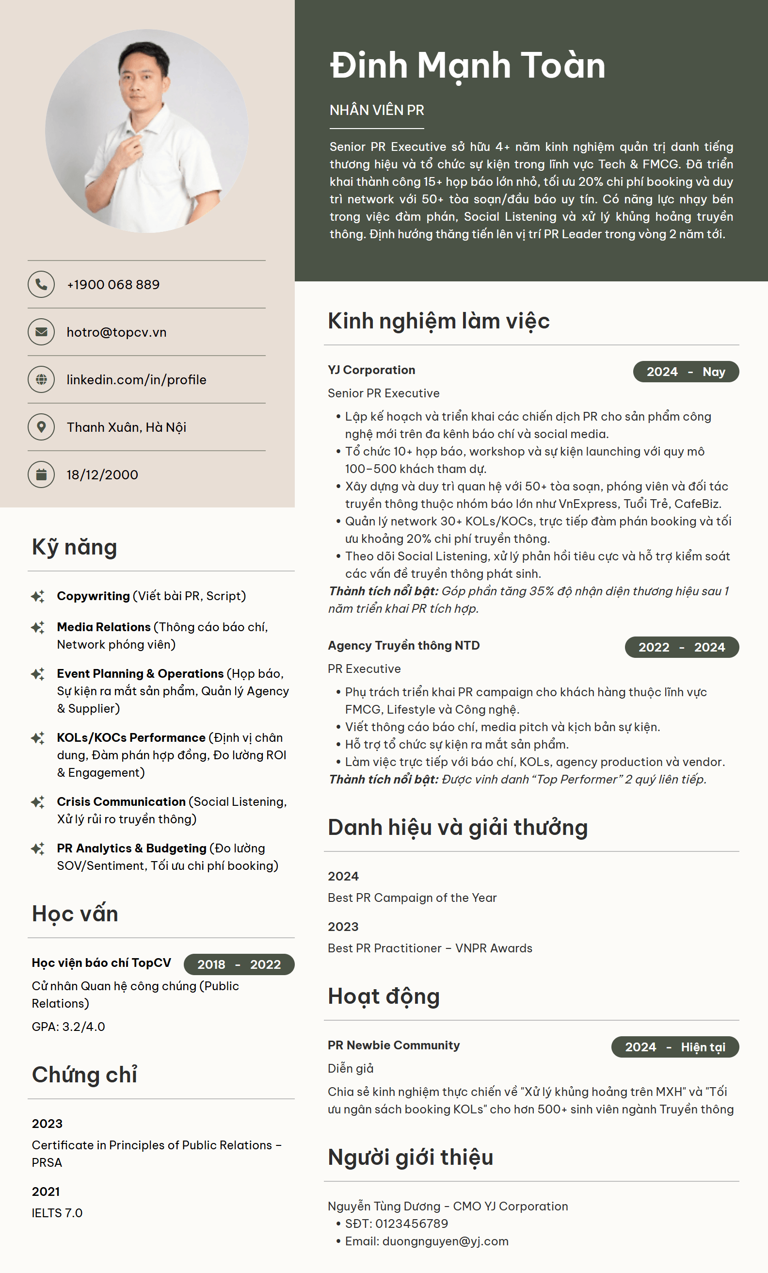 Mẫu CV Nhân viên PR ấn tượng