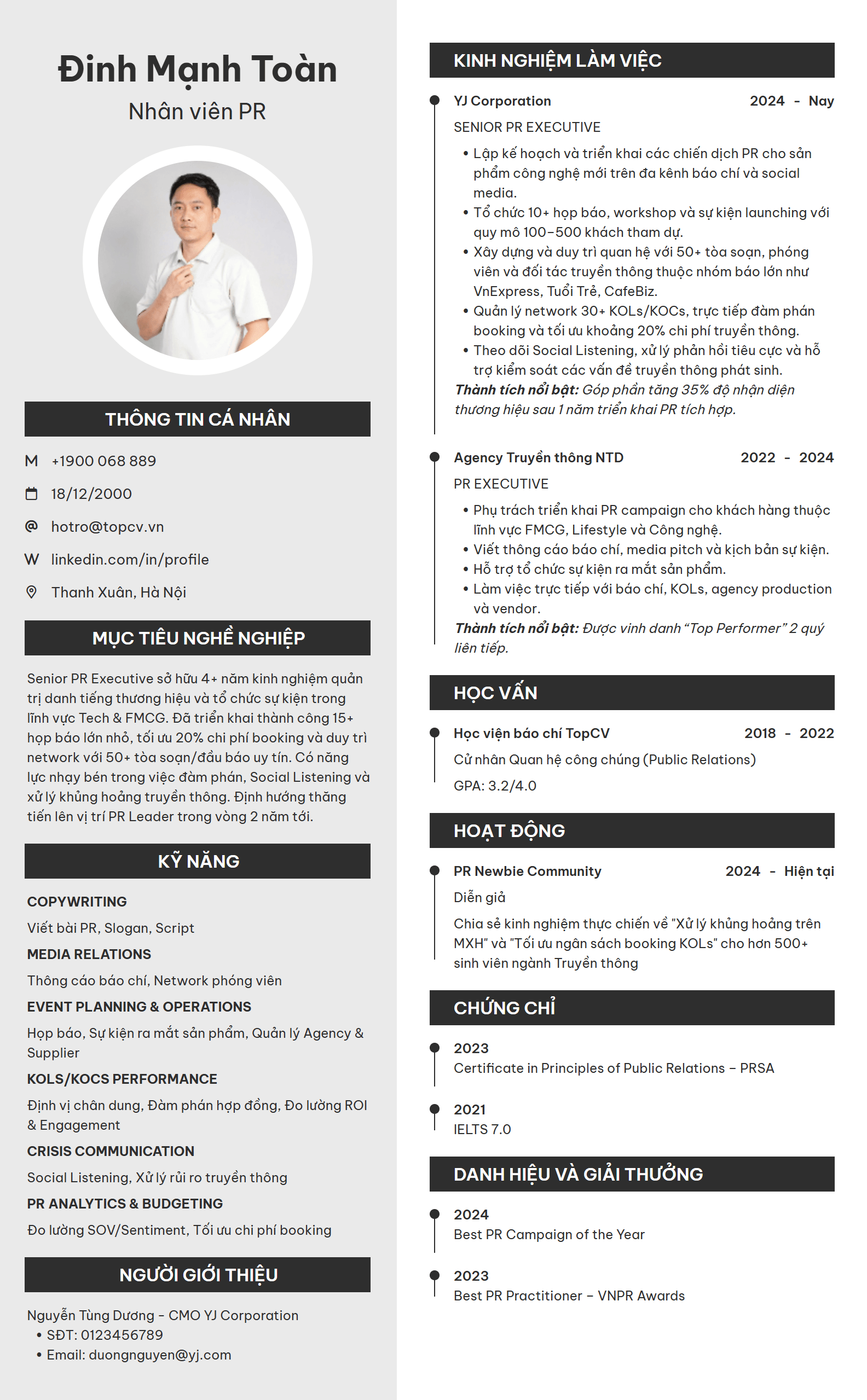 Mẫu CV Nhân viên PR hiện đại