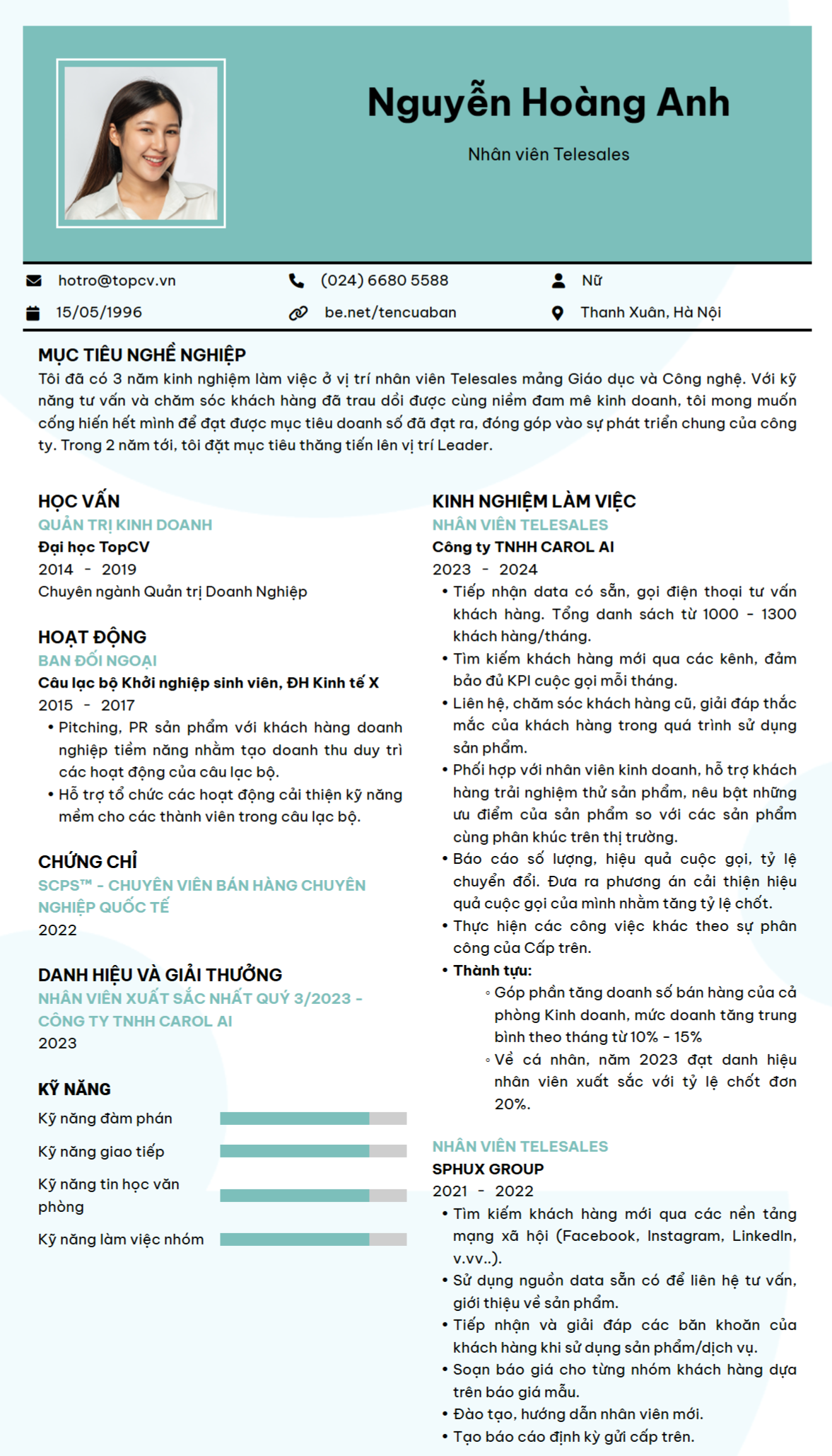 Tham khảo mẫu CV Nhân viên Telesales trên TopCV