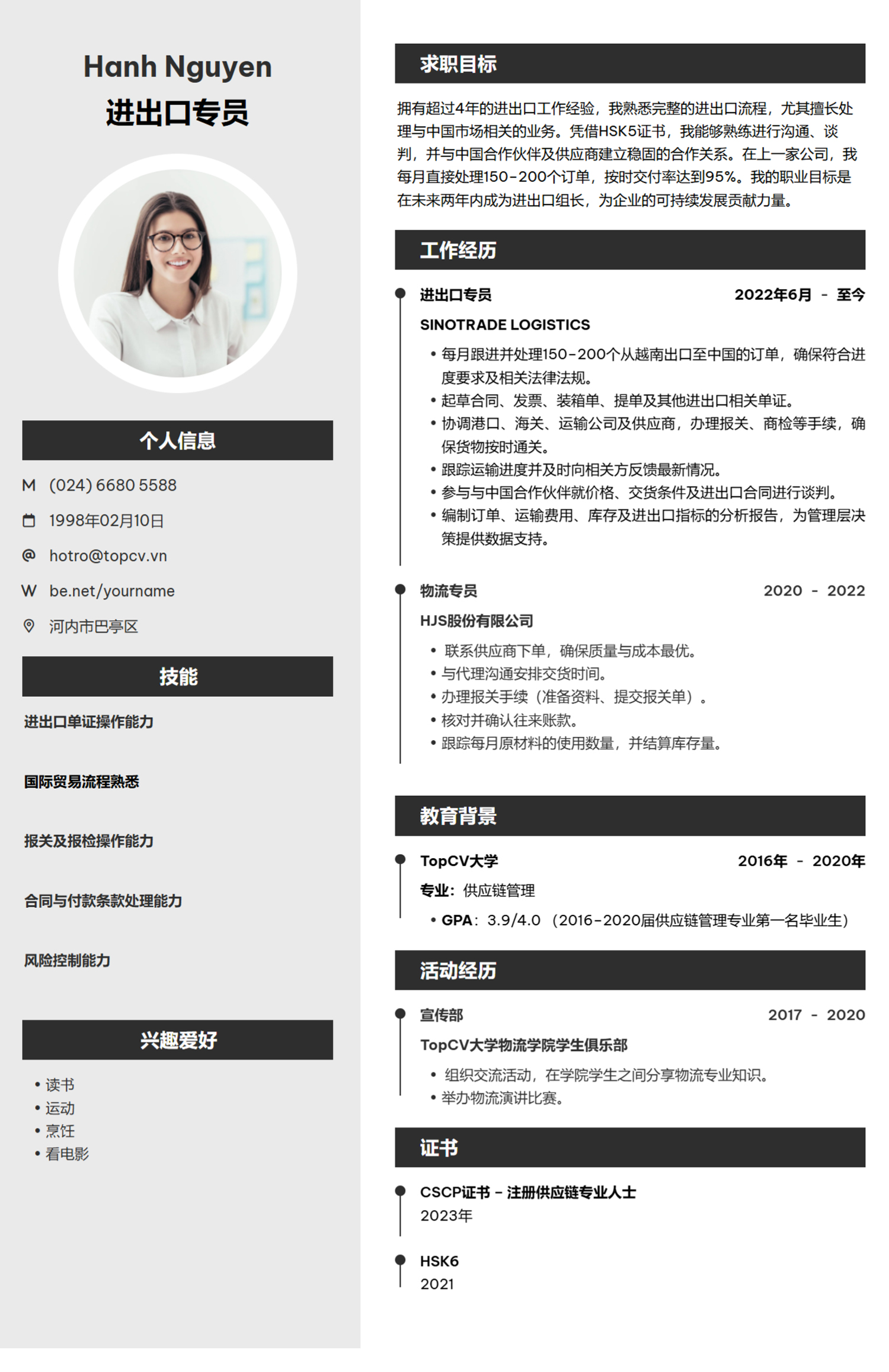 Mẫu CV xin việc tiếng Trung cho Nhân viên xuất nhập khẩu