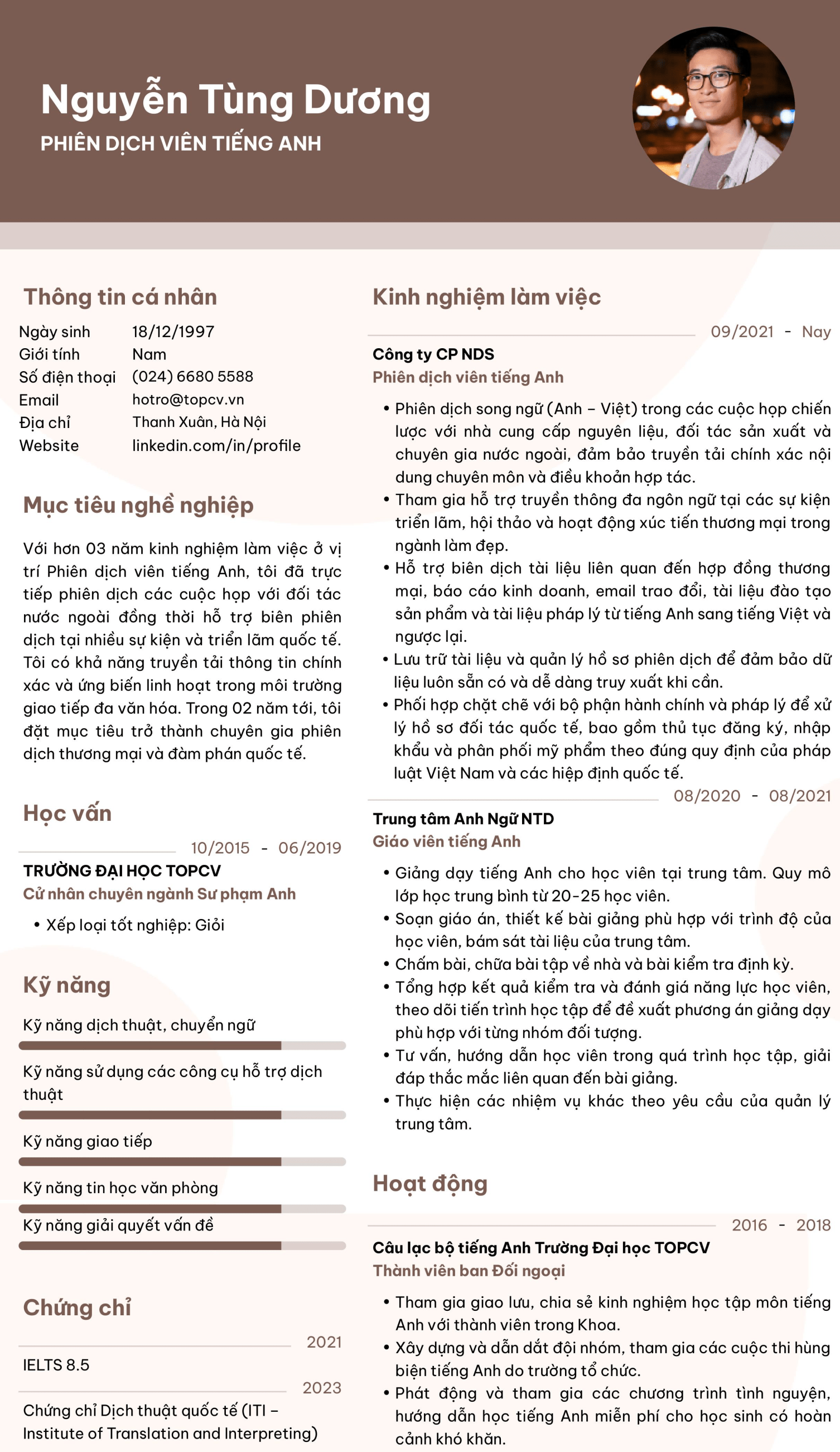 Mẫu CV Phiên dịch tiếng Anh chuyên nghiệp