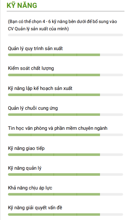 Ví dụ về cách viết kỹ năng trong CV Quản lý sản xuất tiếng Việt