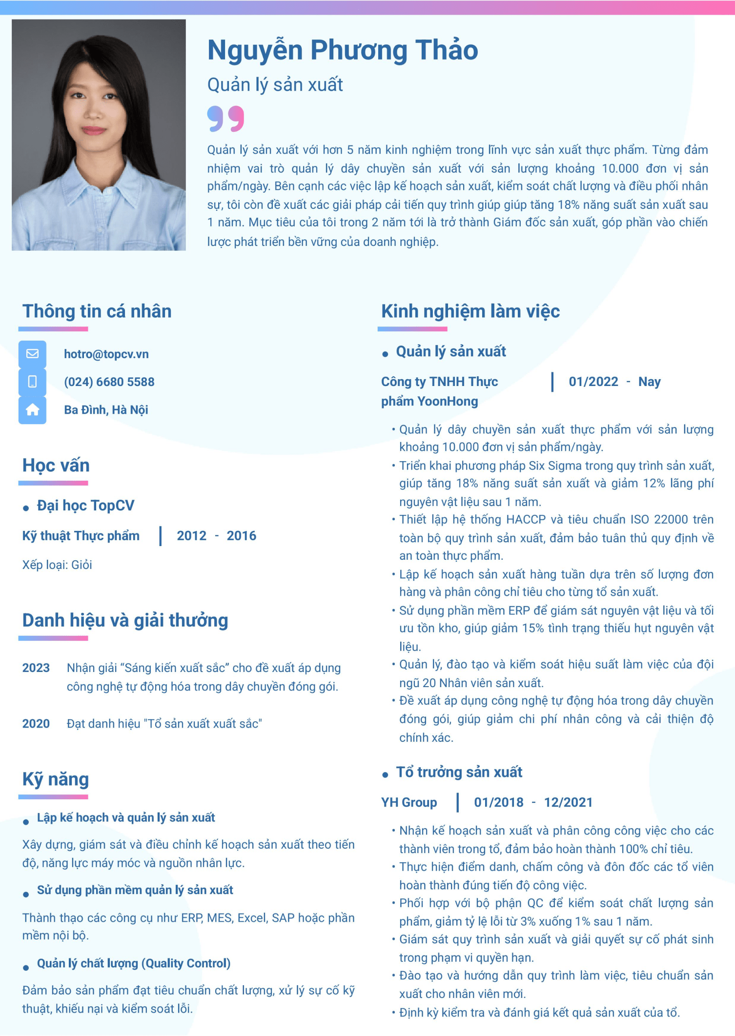 Mẫu CV Quản lý sản xuất ấn tượng