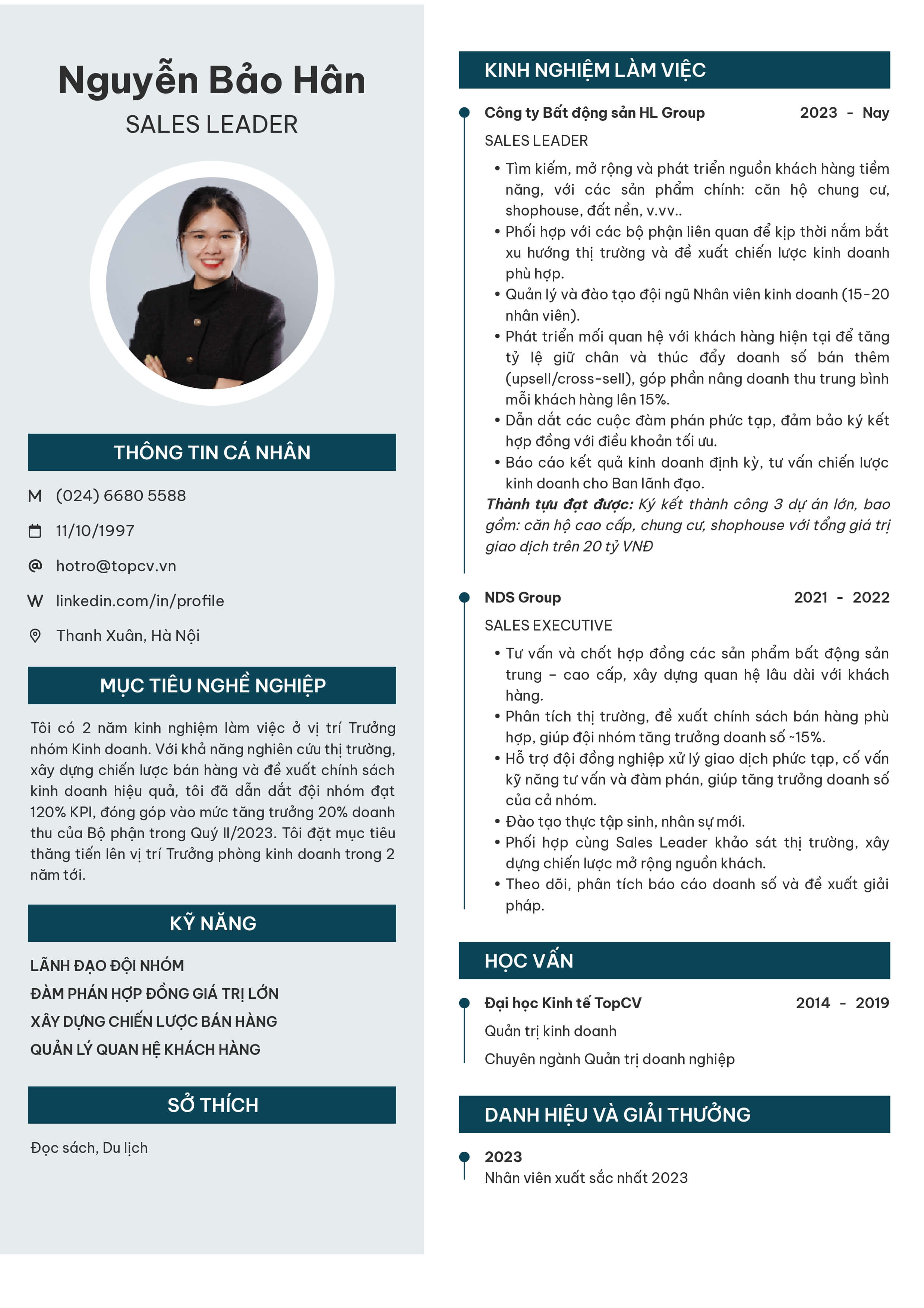 CV Sales Leader - Mẫu Clarity