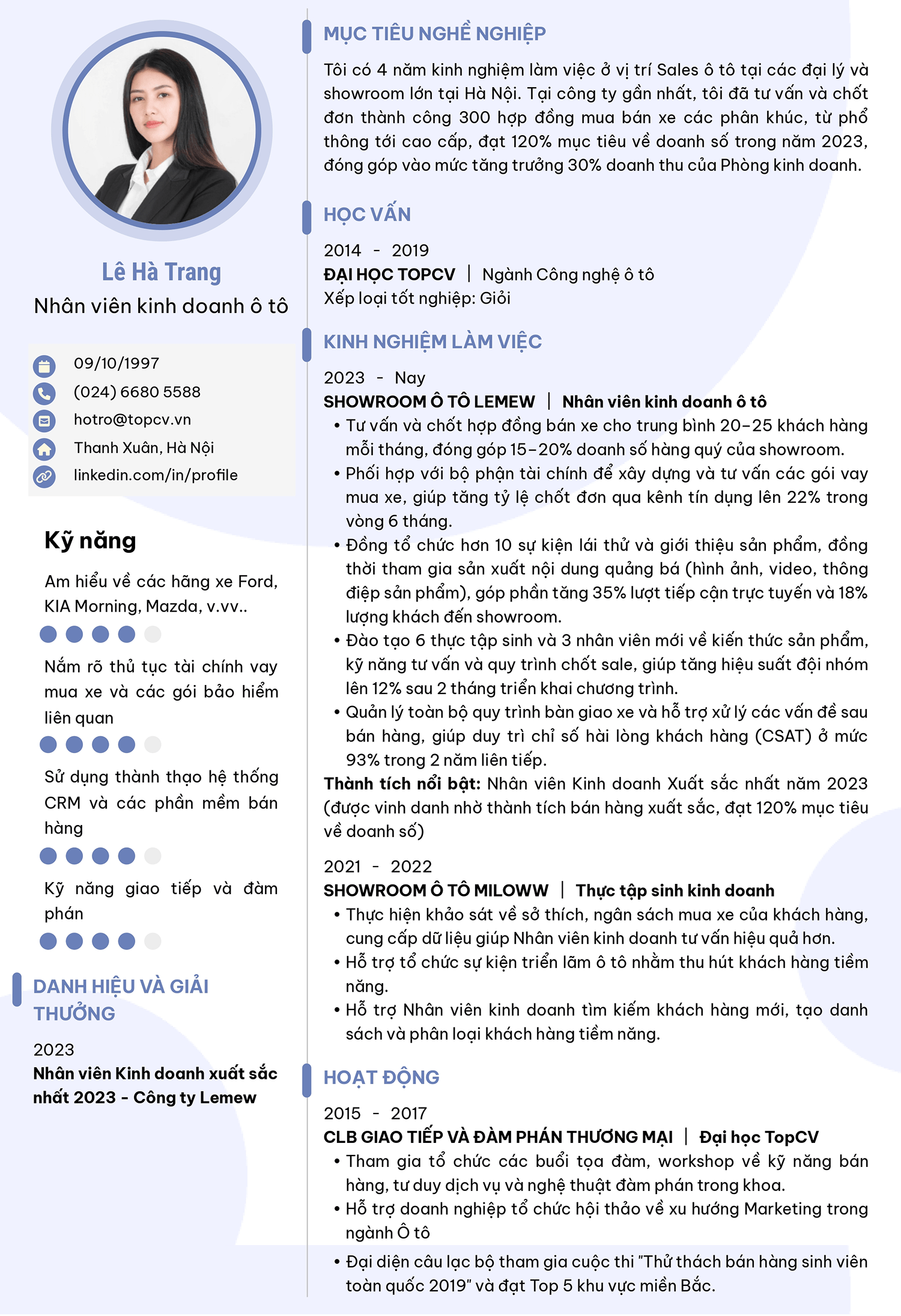 Mẫu CV Sales ô tô