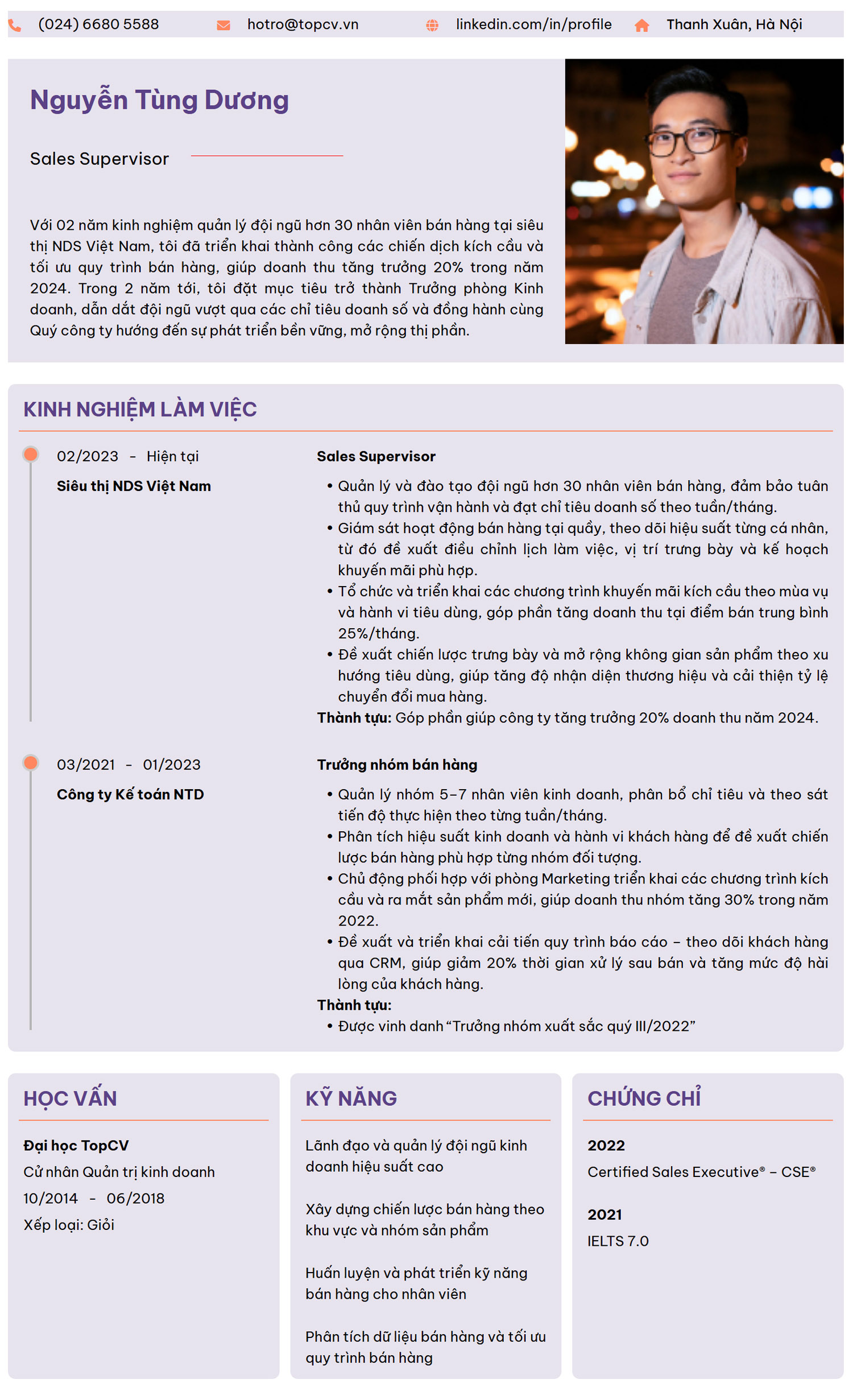 Mẫu CV Sales Supervisor