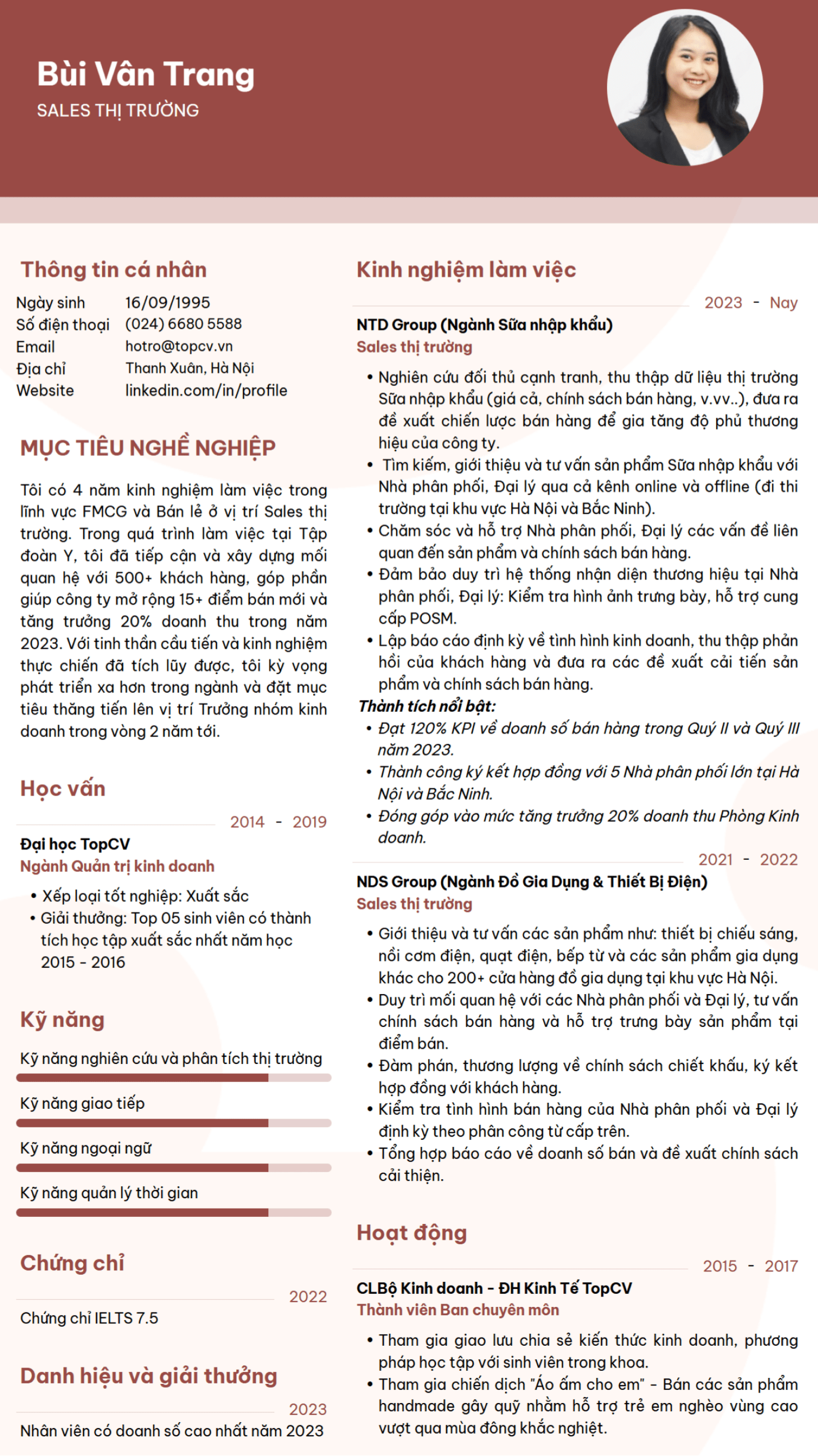 mẫu CV Nhân viên Sales thị trường 