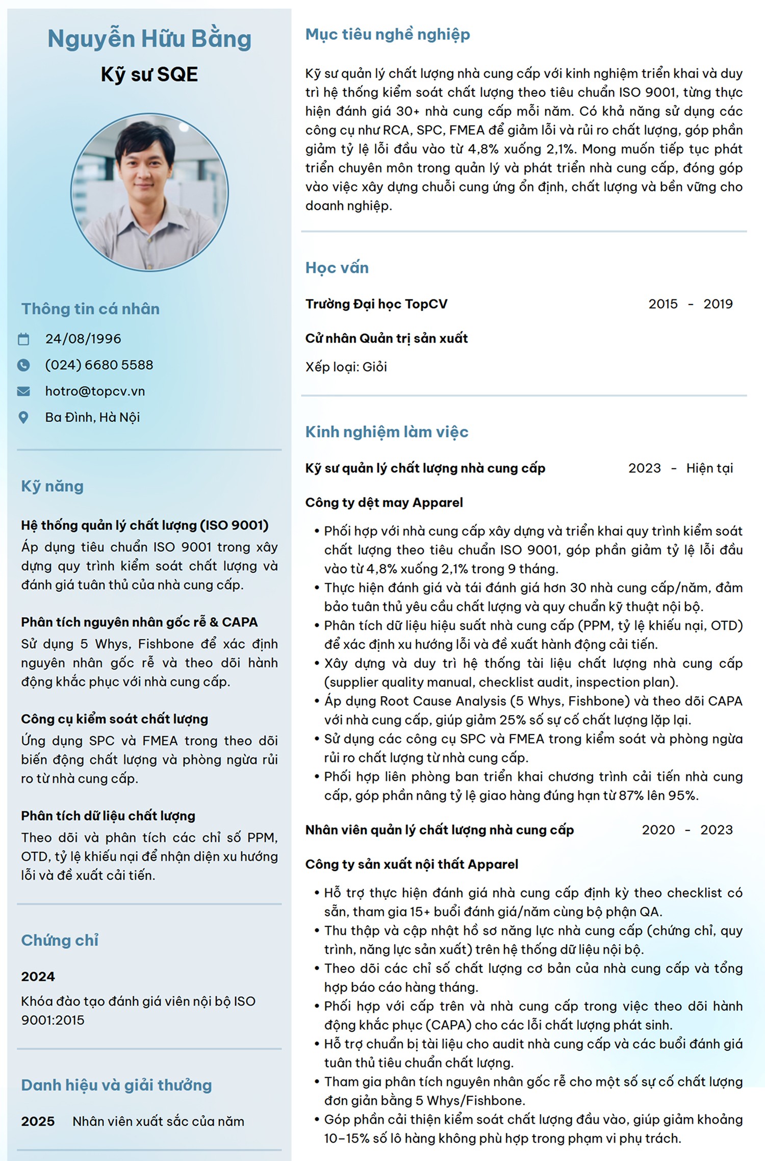 Mẫu CV Kỹ sư SQE trên TopCV