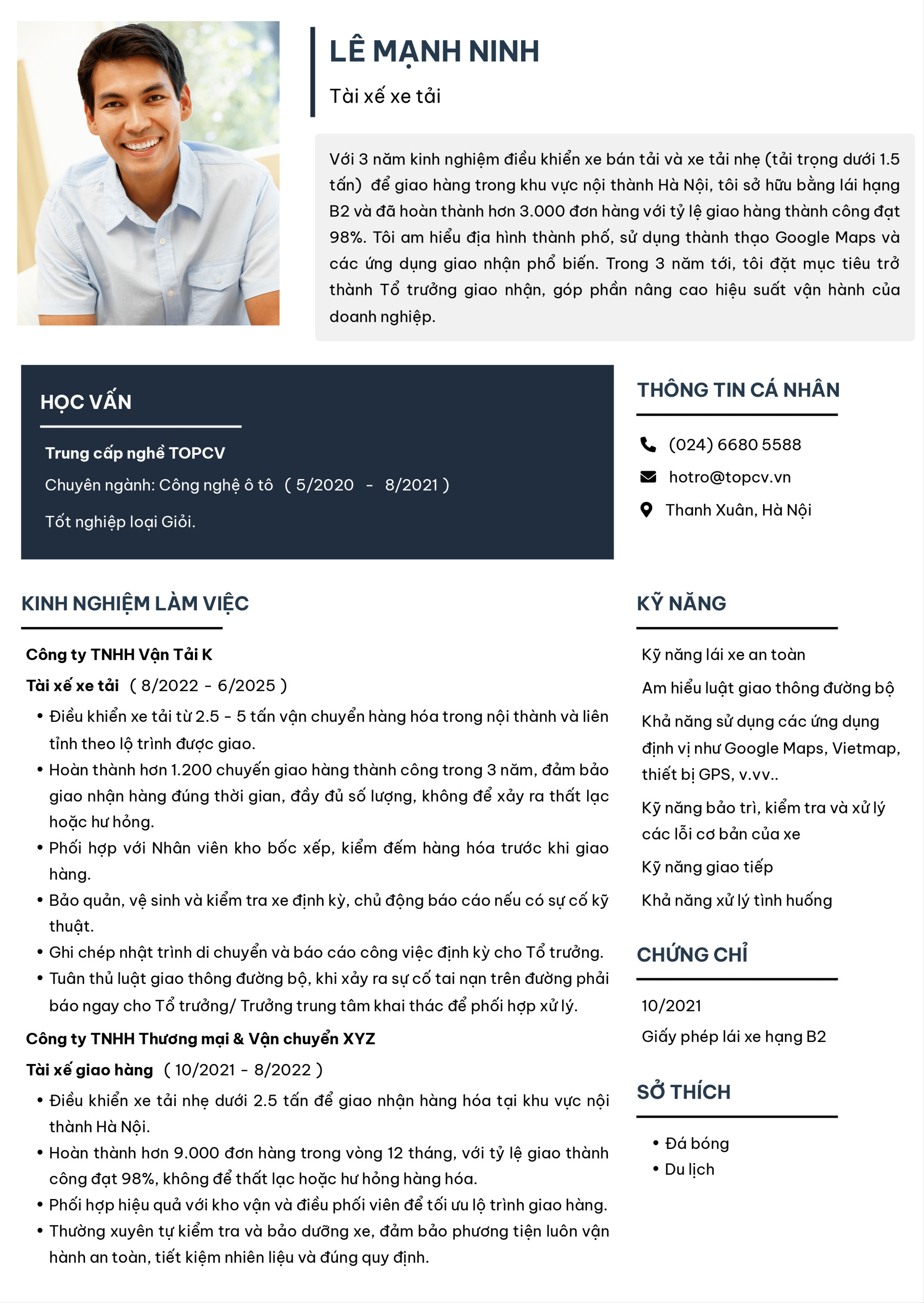 Mẫu CV Tài xế lái xe tải