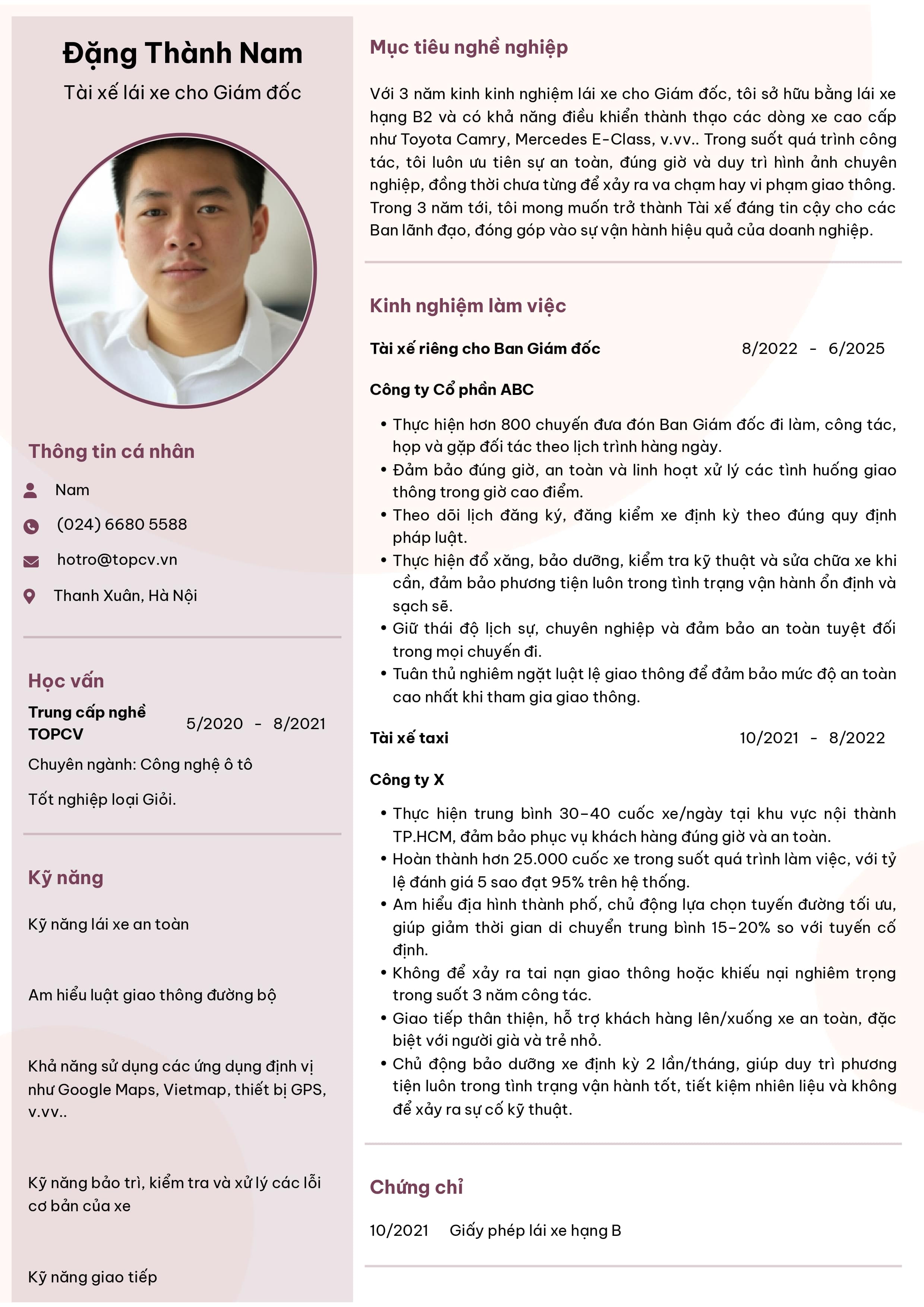 Mẫu CV Tài xế lái xe cho Giám đốc