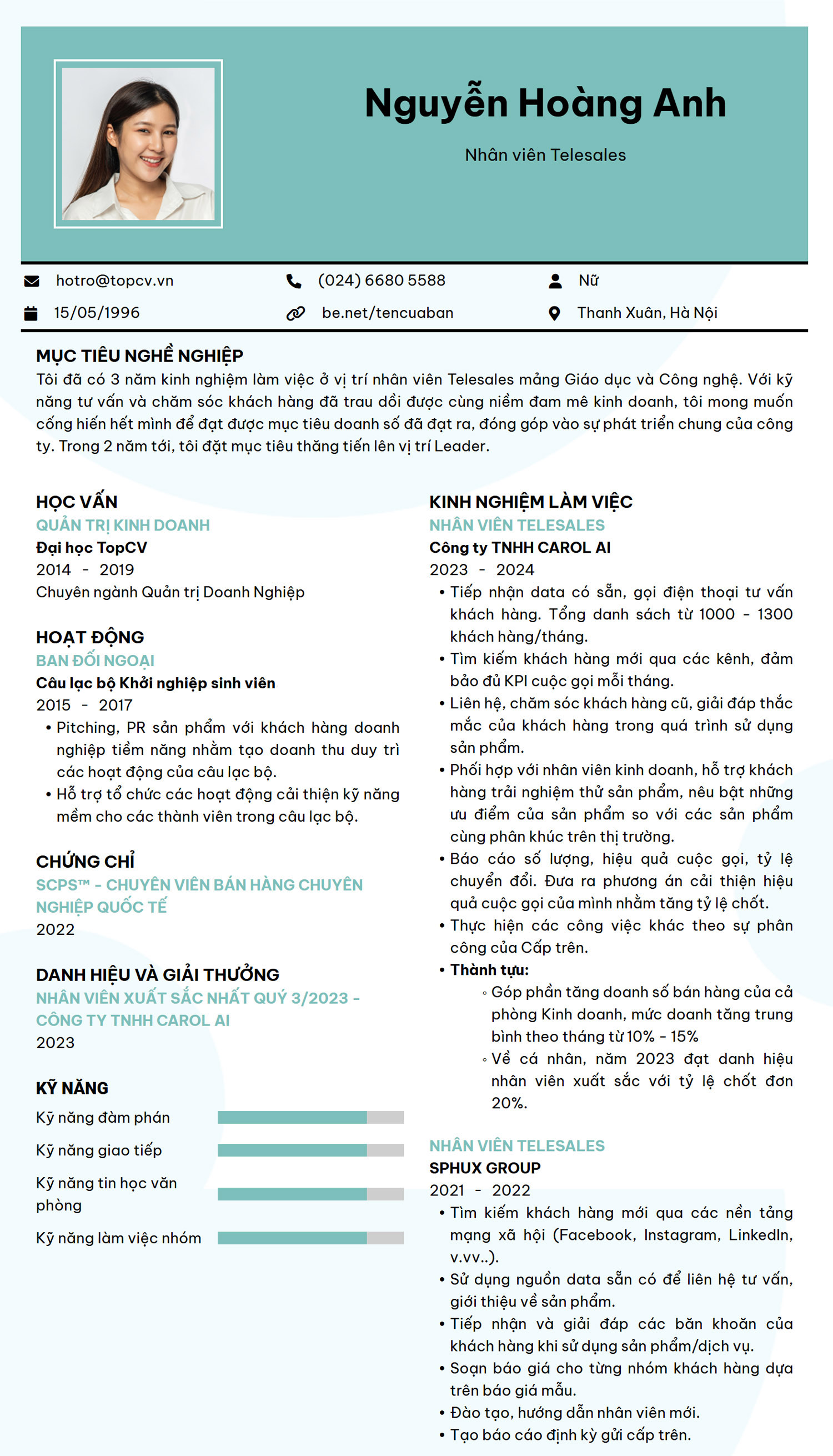 Mẫu CV Nhân viên Telesales