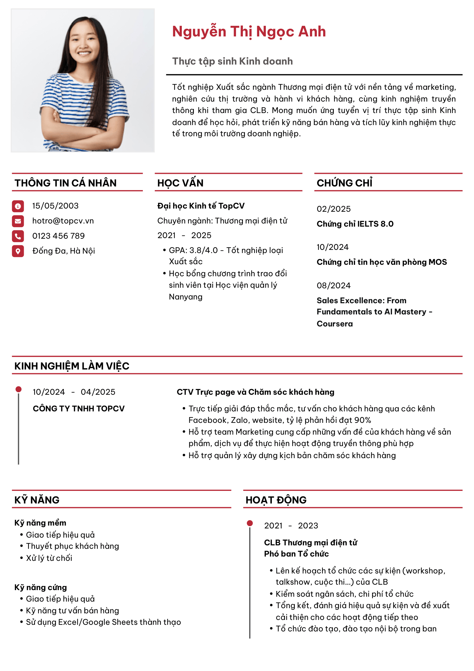 Mẫu CV Thực tập sinh kinh doanh chuyên nghiệp
