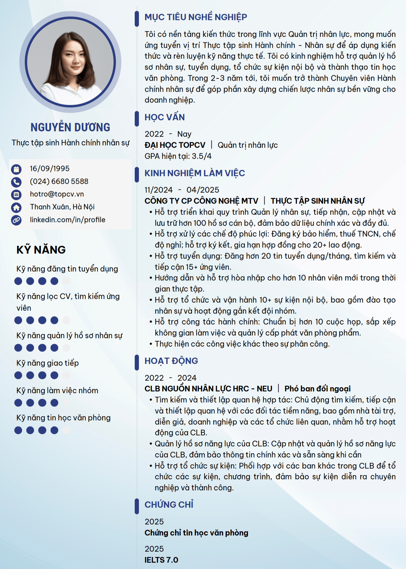 CV Thực tập sinh Hành chính nhân sự